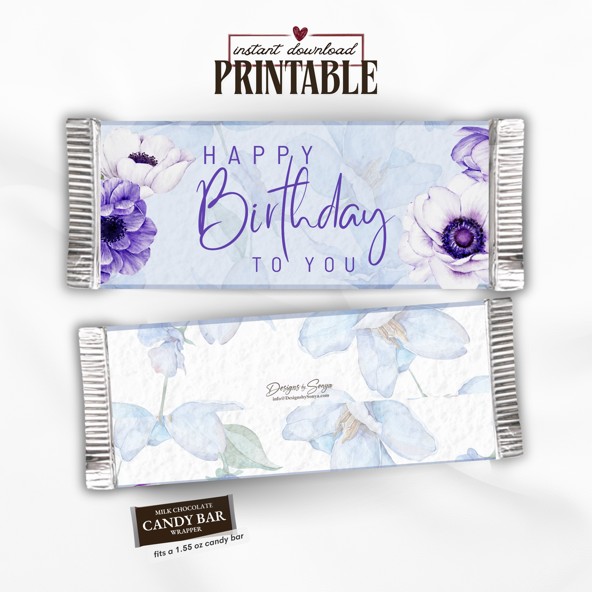 Printable Happy Birthday Candy Bar Wrapper, Blue & Purple Floral 1.55 oz Chocolate Bar Wrap, Birthday Gift for Her, Mom, Grandma & Friend