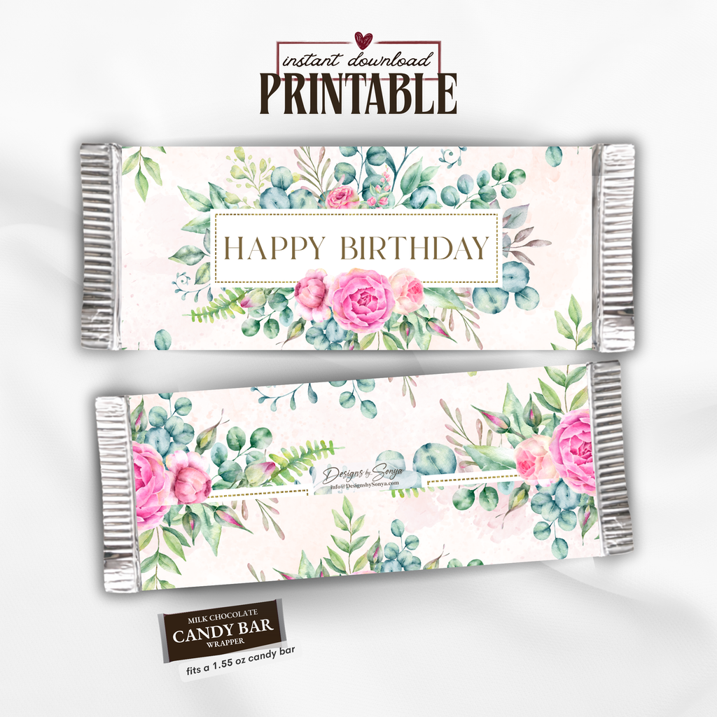 Printable Happy Birthday Candy Bar Wrapper, Pink Rose & Eucalyptus Floral 1.55 oz Chocolate Bar Wrap, Birthday Gift for Her