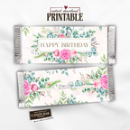 Printable Happy Birthday Candy Bar Wrapper, Pink Rose & Eucalyptus Floral 1.55 oz Chocolate Bar Wrap, Birthday Gift for Her