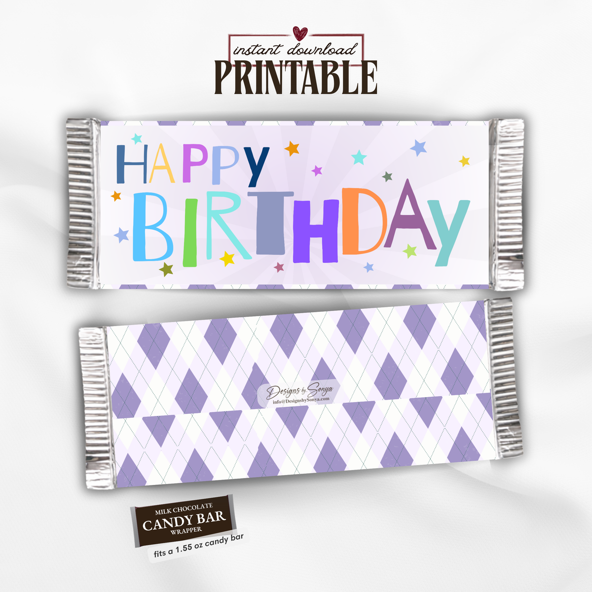Happy Birthday Candy Bar Wrapper | Printable Birthday Party Favor | 1.55 oz Chocolate Bar