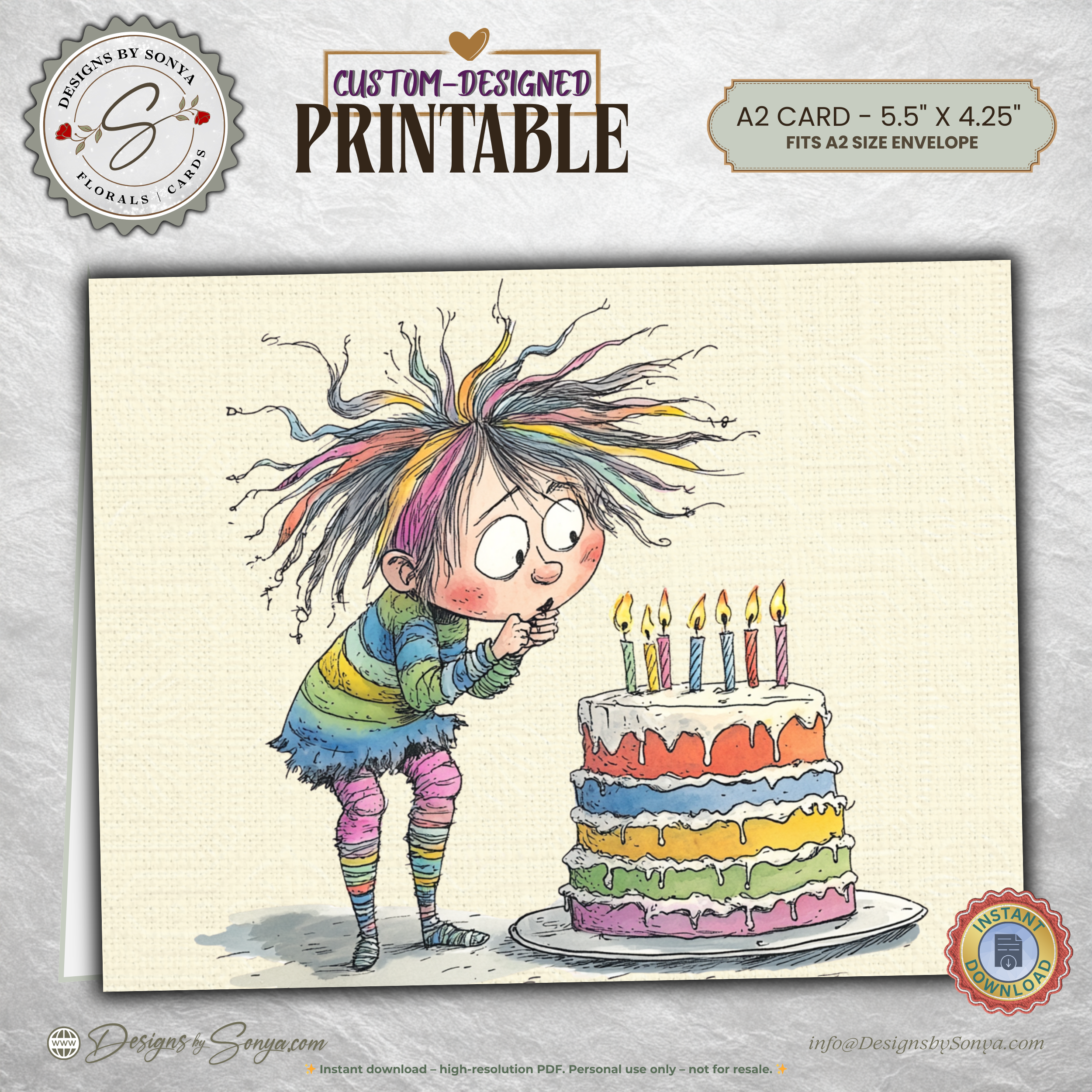 Whimsical Rainbow Birthday Printable A2 Card – Playful Watercolor Child with Cake – Instant Download Greeting Card 5.5 x 4.25