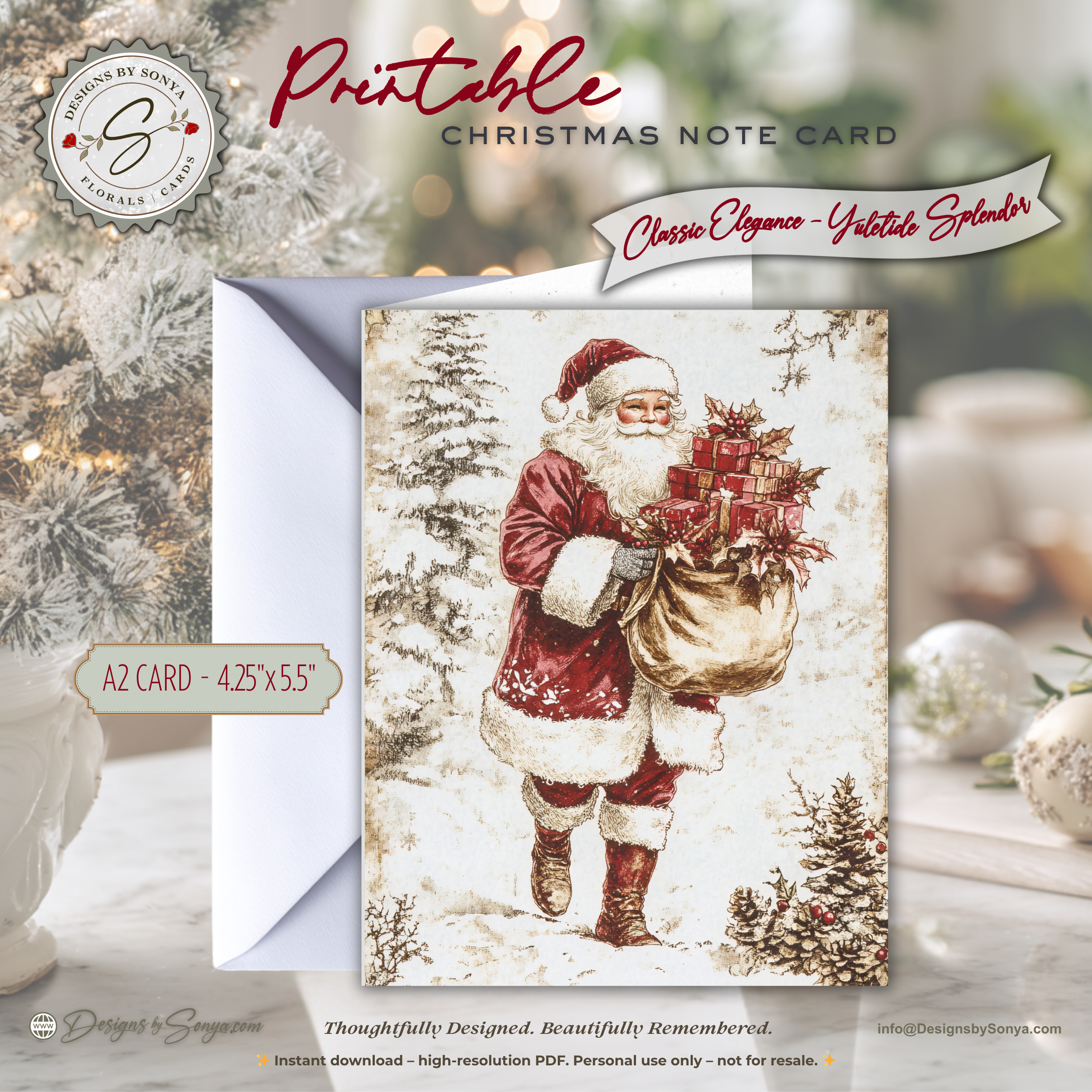 Santa Christmas Card Printable | Elegant Vintage Watercolor Holiday Note Card | A2 (4.25"x5.5") Folded Card | Instant Digital Download