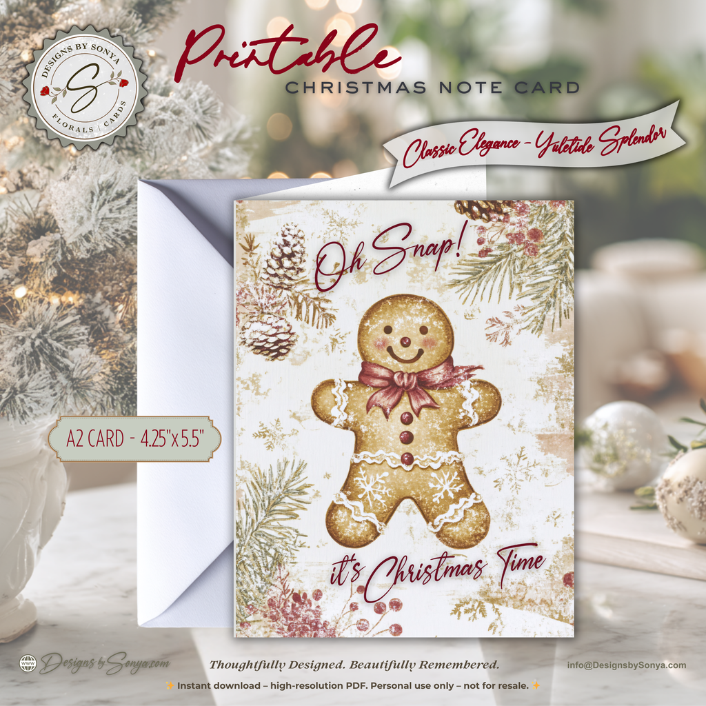 Gingerbread Christmas Printable Card • A2 (4.25" x 5.5") Folded Holiday Greeting Note Card • Oh Snap Design • Christmas Stationery