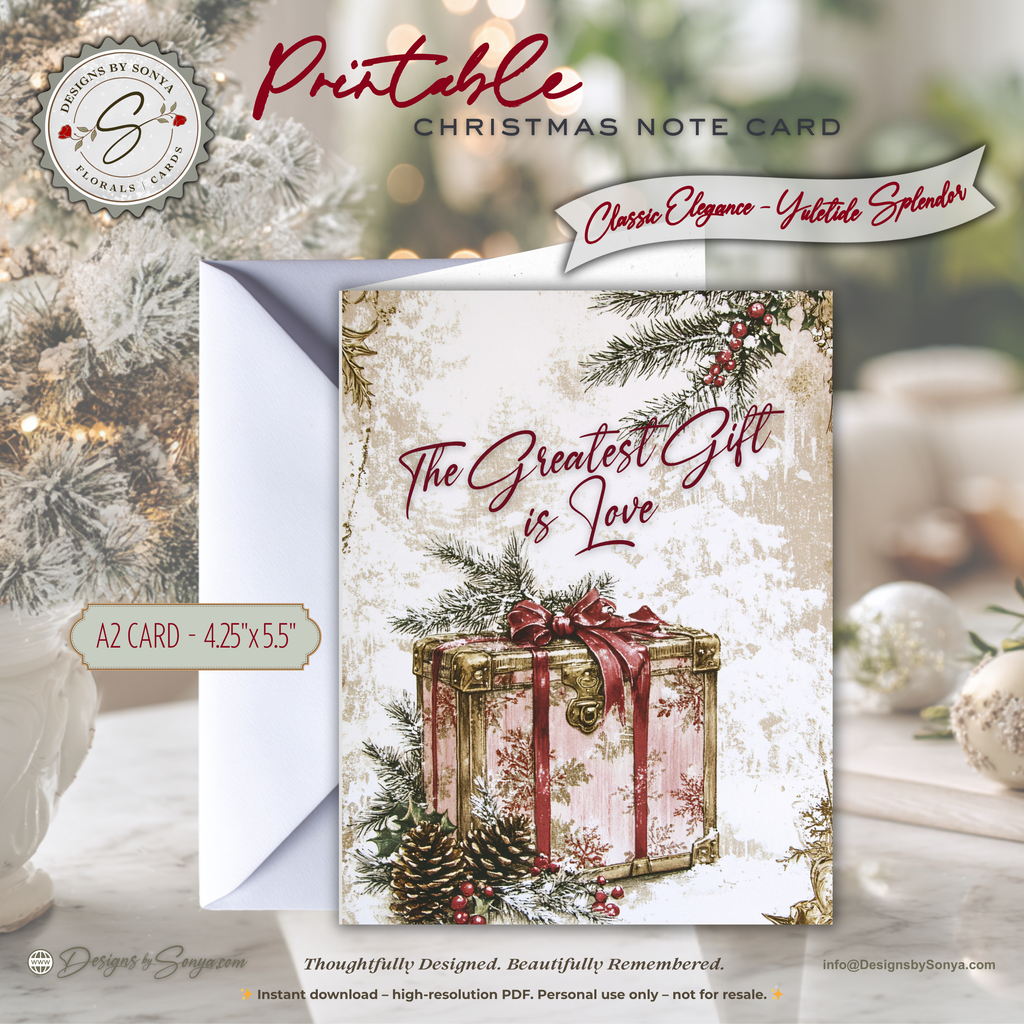 The "Greatest Gift Is Love" Card | Vintage Christmas Printable | Elegant Holiday Note Card | A2 (4.25x5.5) Folded Card | Digital Download