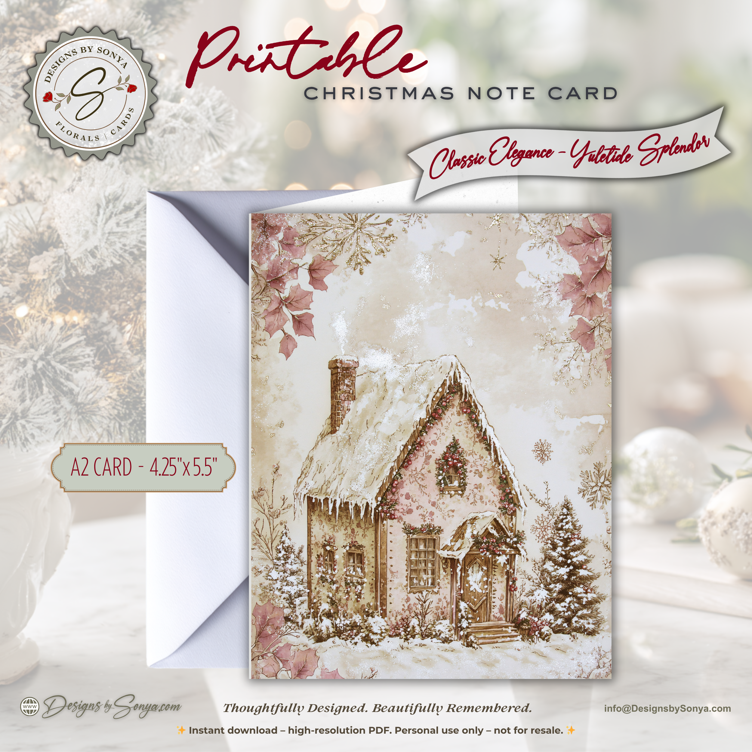 Gingerbread Cottage Christmas Printable Card • A2 (4.25" x 5.5") Folded Holiday Greeting Note Card • Vintage Storybook Design • Christmas Stationery