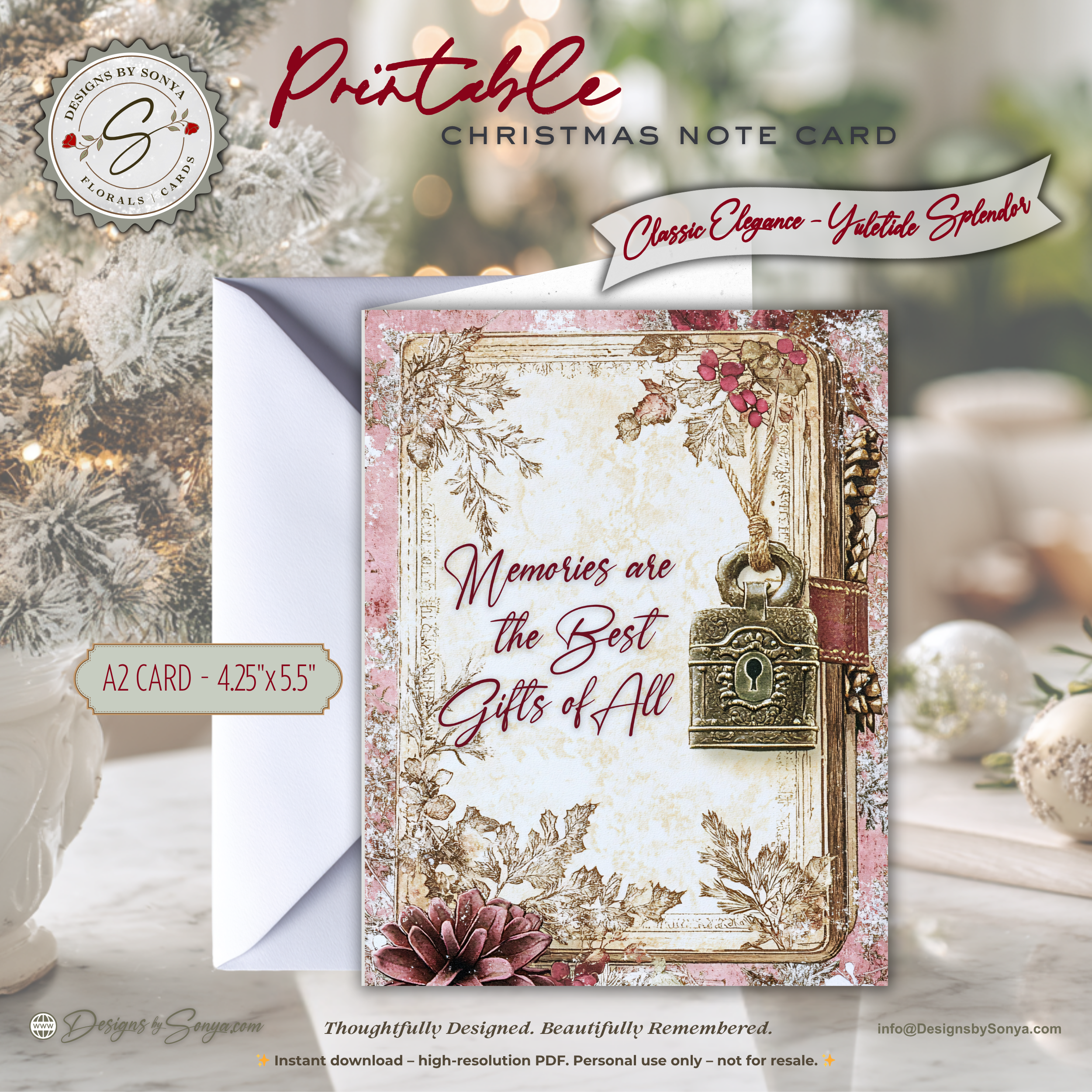 Printable Christmas Note Card • Sentimental Vintage Holiday Greeting • A2 (4.25" x 5.5") Memory Keepsake • Rustic Winter Pine Design PDF Stationery