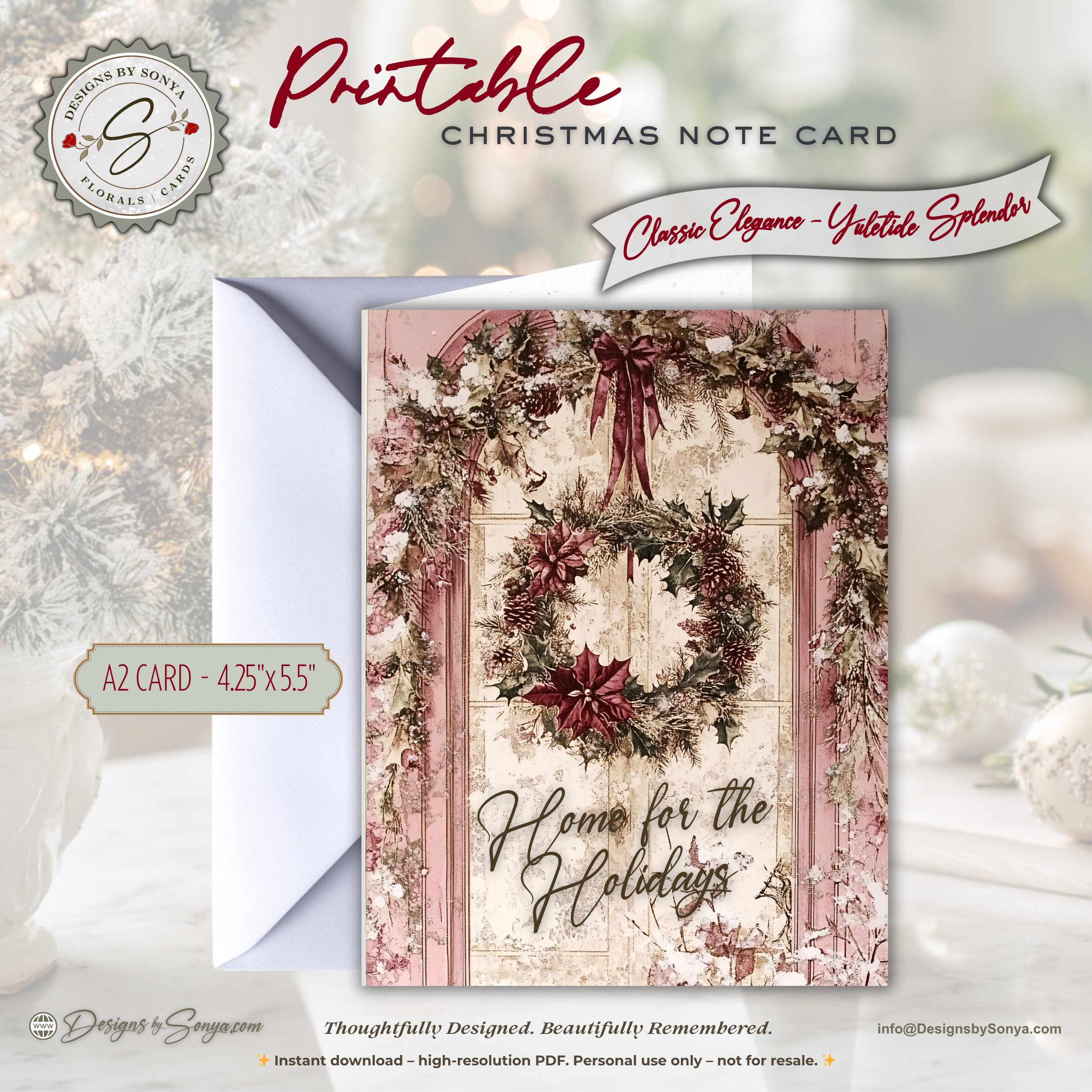 Home for the Holidays Christmas Printable Card • A2 (4.25" x 5.5") Folded Holiday Greeting Note Card • Vintage Design • Christmas Stationery