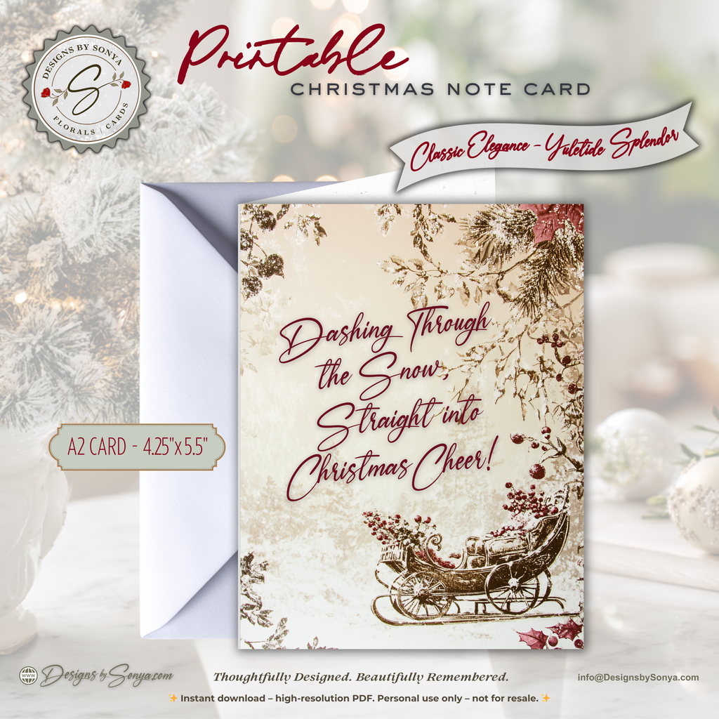 Vintage Sleigh Christmas Note Card, Printable Holiday Greeting Card, Dashing Through the Snow, A2  (4.25x5.5"), Elegant Christmas Stationery
