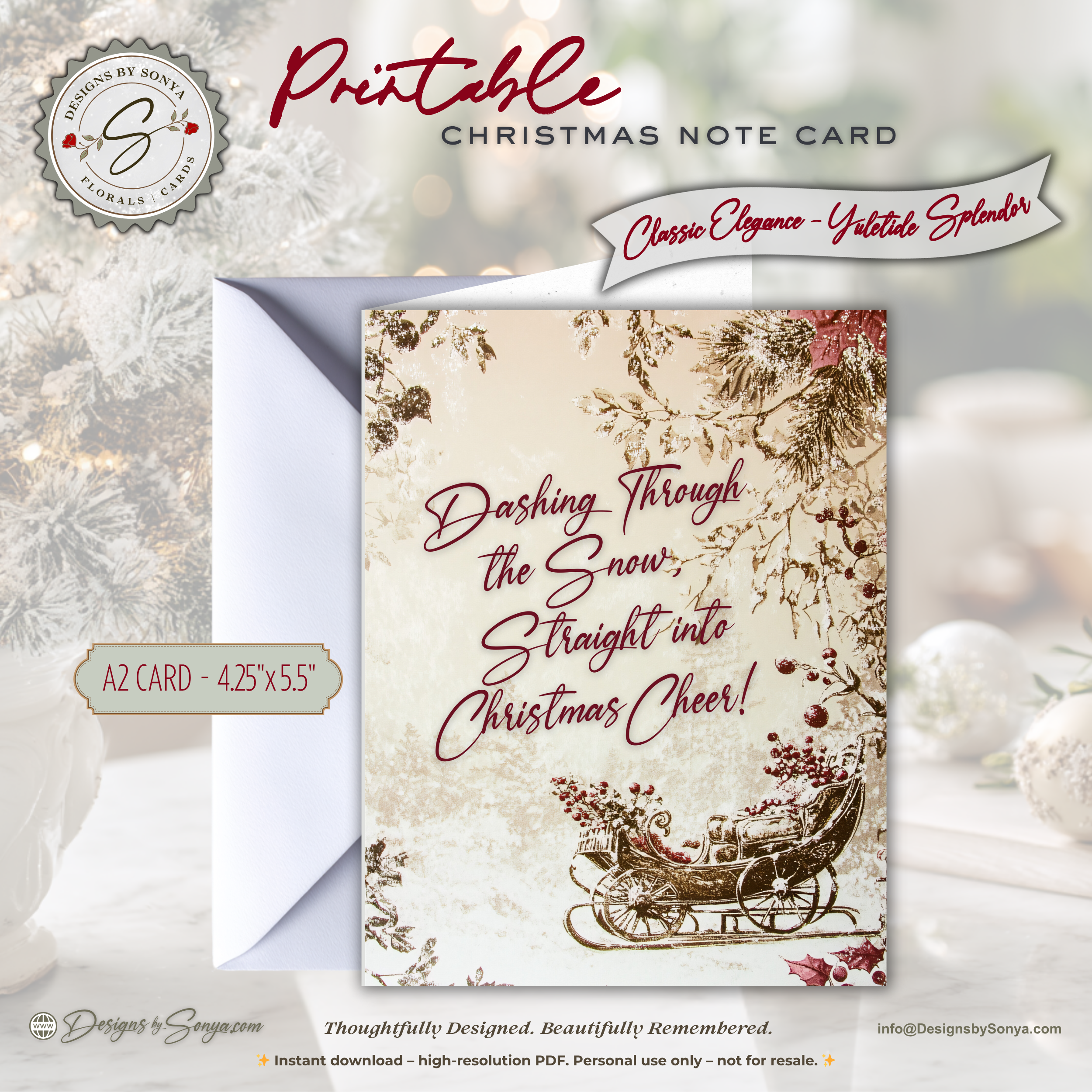 Vintage Sleigh Christmas Note Card, Printable Holiday Greeting Card, Dashing Through the Snow, A2  (4.25x5.5"), Elegant Christmas Stationery