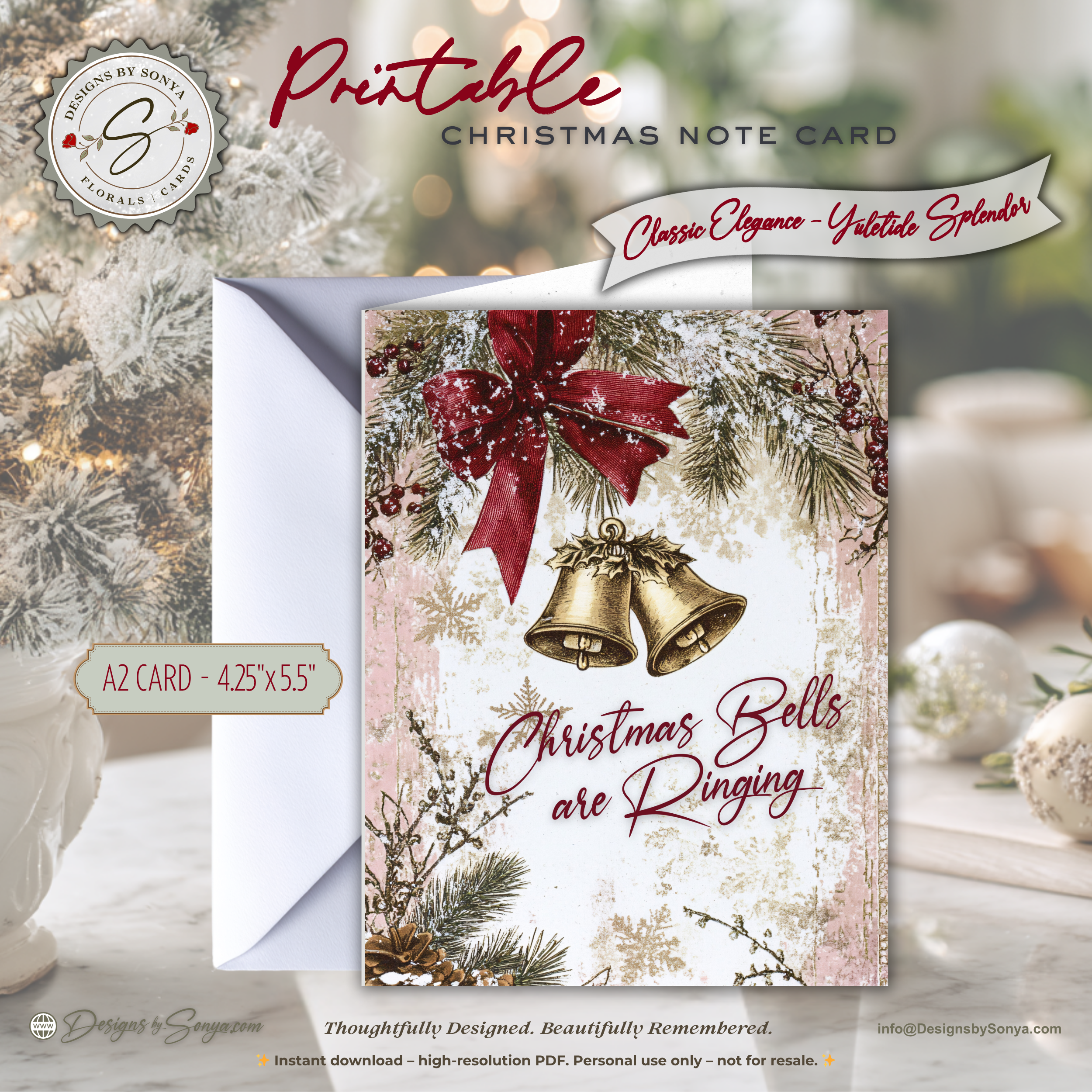 Christmas Bells Printable Card • A2 (4.25" x 5.5") Folded Holiday Greeting Note Card • Festive Bell Art • Winter Pine & Bow • Christmas Stationery