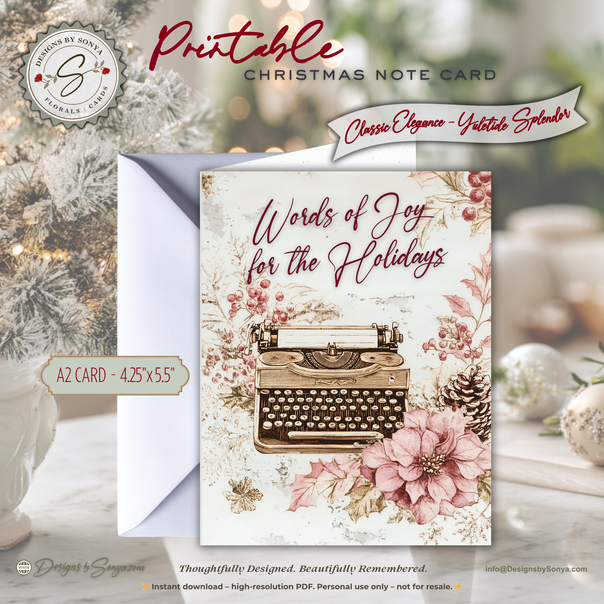 Printable Christmas Card • Vintage Typewriter Holiday Note Card • A2 (4.25" x 5.5") Floral Winter Design • Words of Joy Greeting