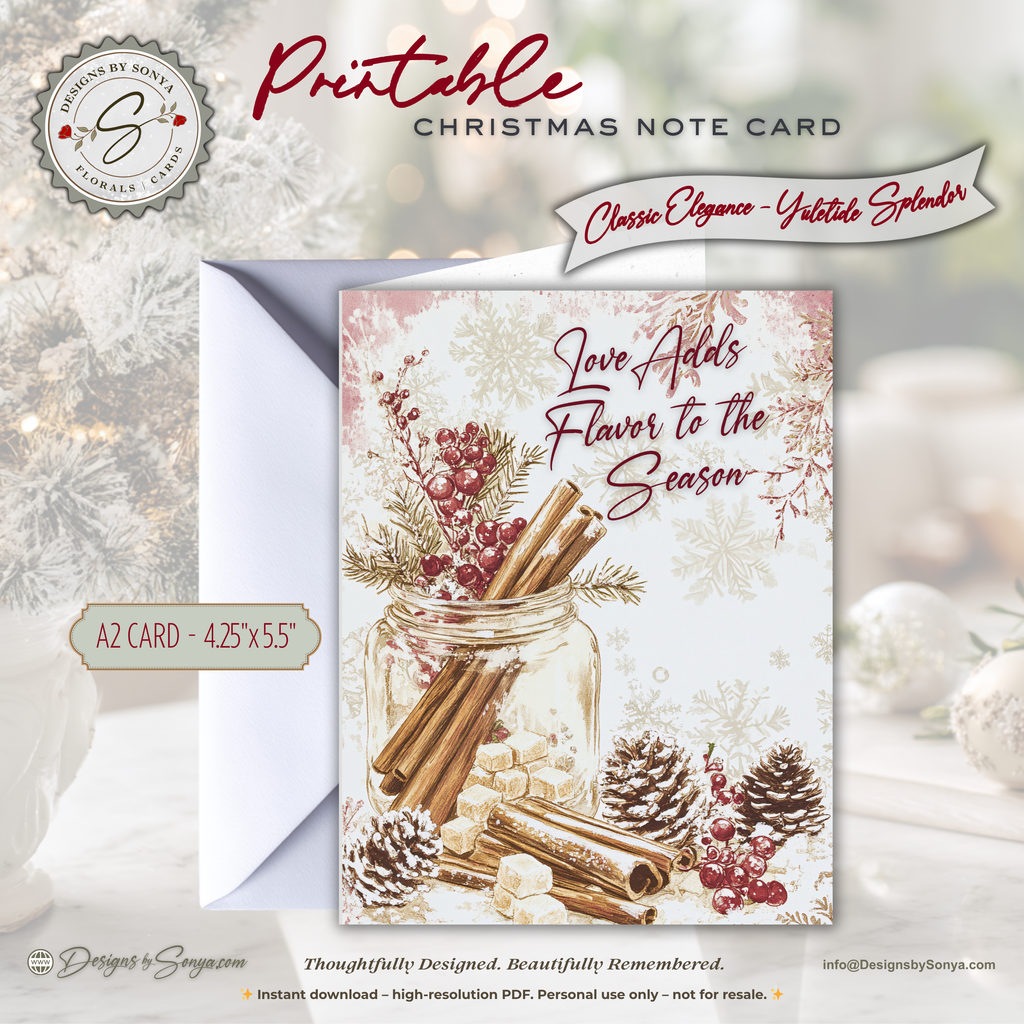 Flavor of the Season Printable Card • A2 (4.25" x 5.5") Folded Holiday Greeting Note Card • Cozy Cinnamon & Berry Design • Christmas Stationery