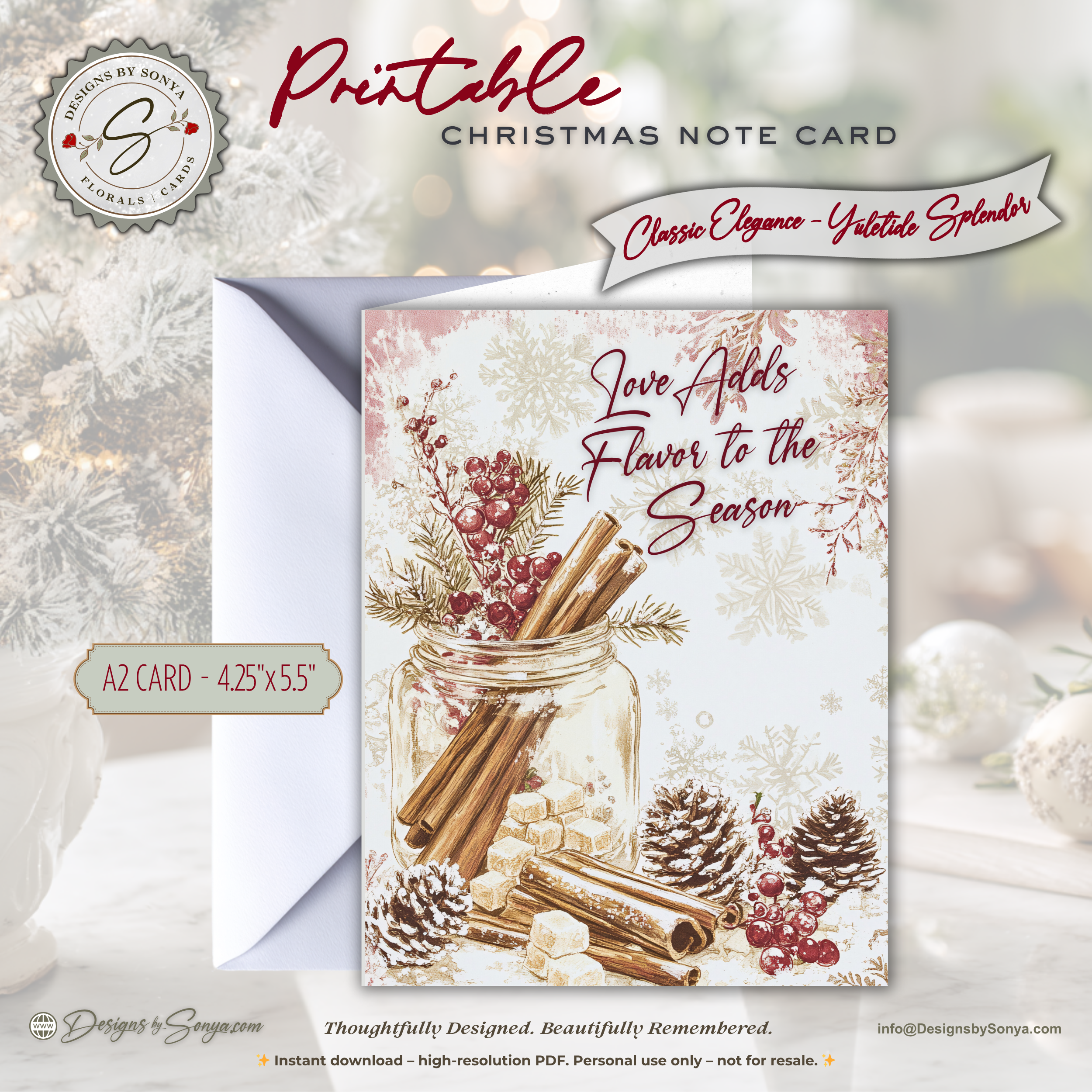 Flavor of the Season Printable Card • A2 (4.25" x 5.5") Folded Holiday Greeting Note Card • Cozy Cinnamon & Berry Design • Christmas Stationery