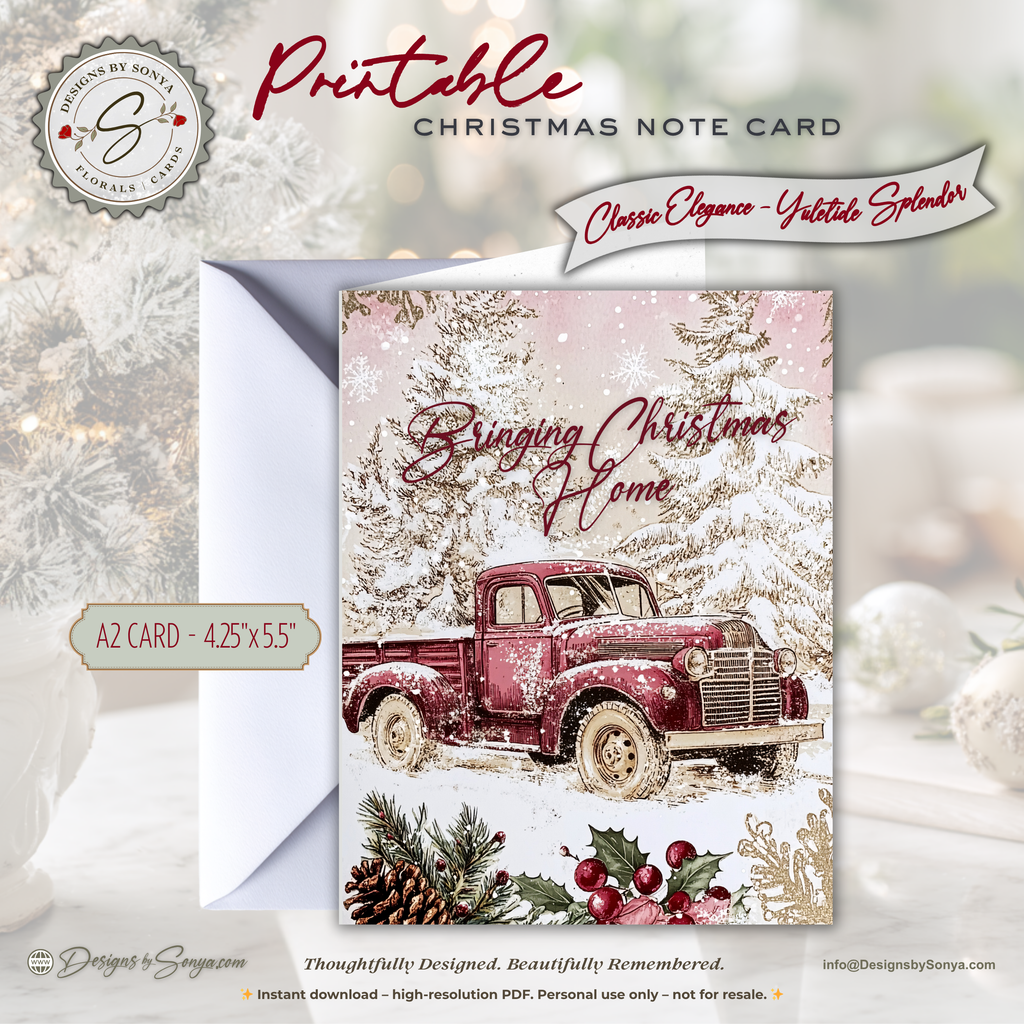 Bringing Christmas Home Printable Card • A2 (4.25" x 5.5") Folded Holiday Greeting Note Card • Vintage Red Truck Design • Christmas Stationery