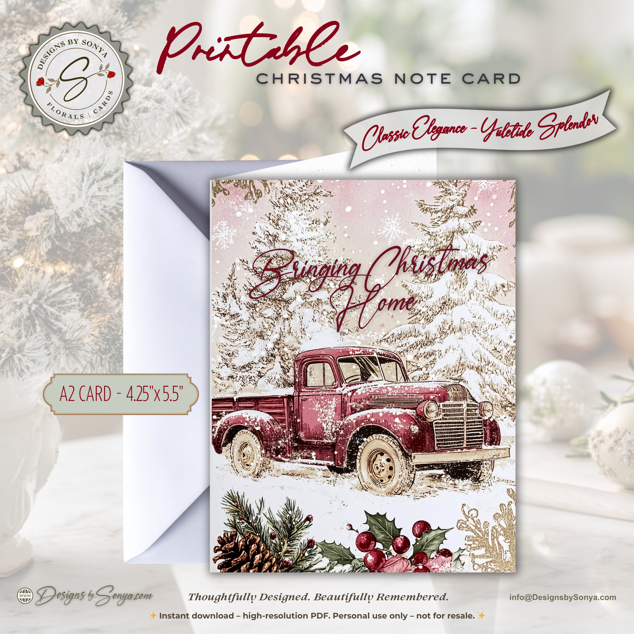 Bringing Christmas Home Printable Card • A2 (4.25" x 5.5") Folded Holiday Greeting Note Card • Vintage Red Truck Design • Christmas Stationery