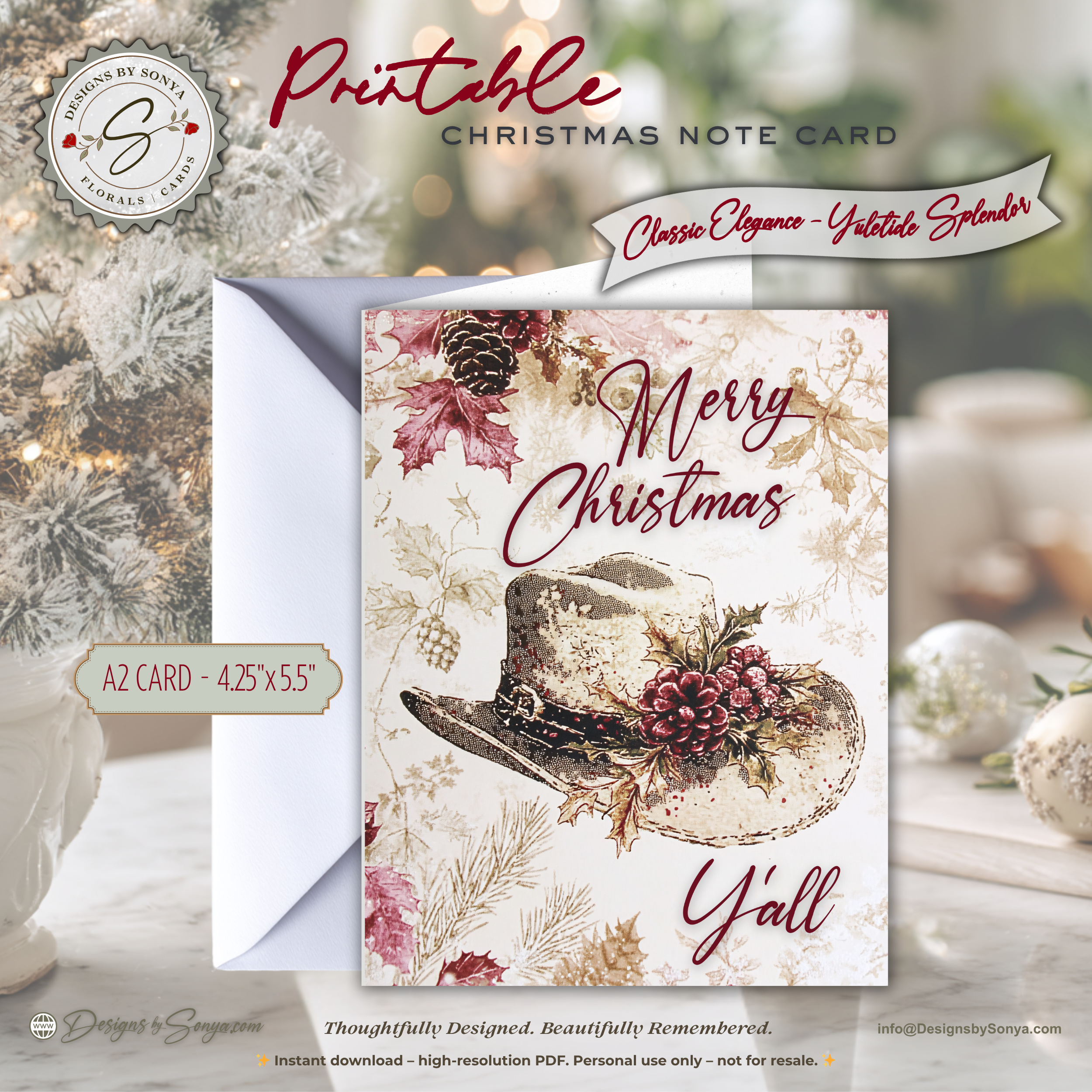 Merry Christmas Y’all Card | Vintage Cowboy Hat Printable | Rustic Holiday Greeting | A2 (4.25"x5.5")  Folded Note Card | Instant Digital Download