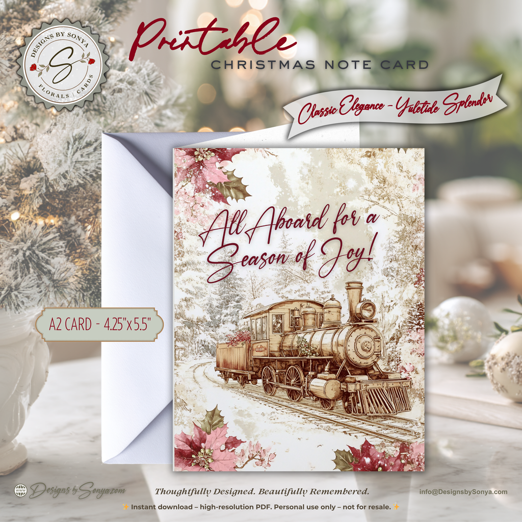 Vintage Christmas Train Printable Card • A2 (4.25" x 5.5") Folded Holiday Greeting Note Card • Railway Steam Engine Art • Winter Stationery