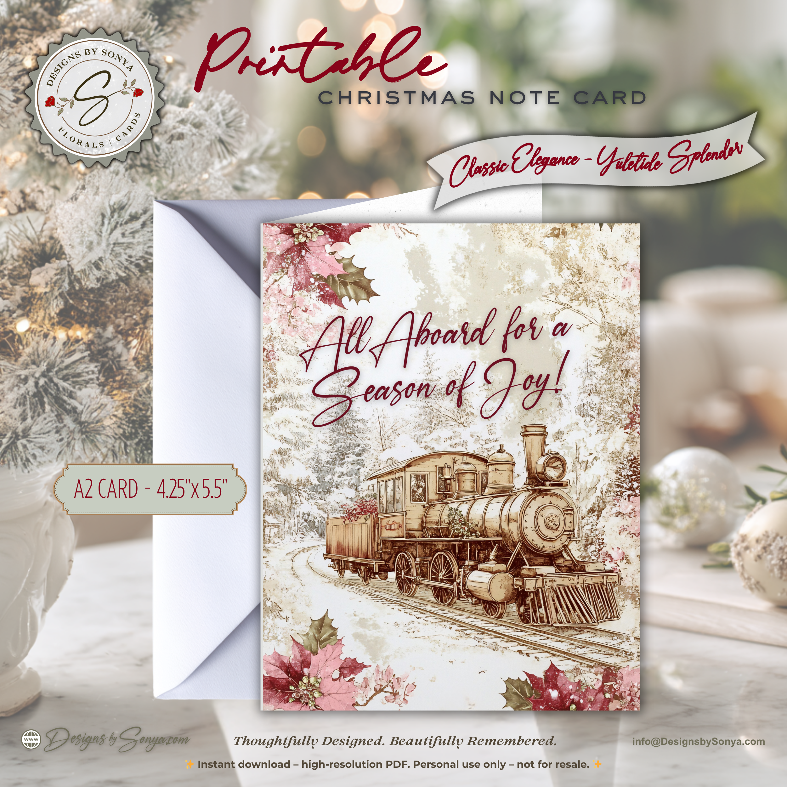 Vintage Christmas Train Printable Card • A2 (4.25" x 5.5") Folded Holiday Greeting Note Card • Railway Steam Engine Art • Winter Stationery