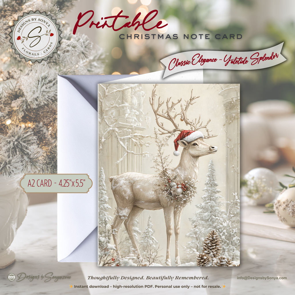 Winter Deer Christmas Note Card, Printable Holiday Greeting, Woodland Yuletide Design, A2 (4.25"x5.5") Folded Card, Elegant Christmas Art Stationery