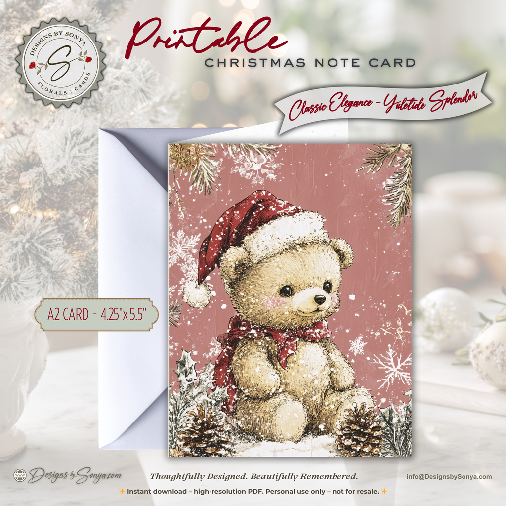 Christmas Teddy Bear Printable Card • A2 (4.25" x 5.5") Folded Holiday Greeting Note Card • Winter Woodland Design • Christmas Stationery