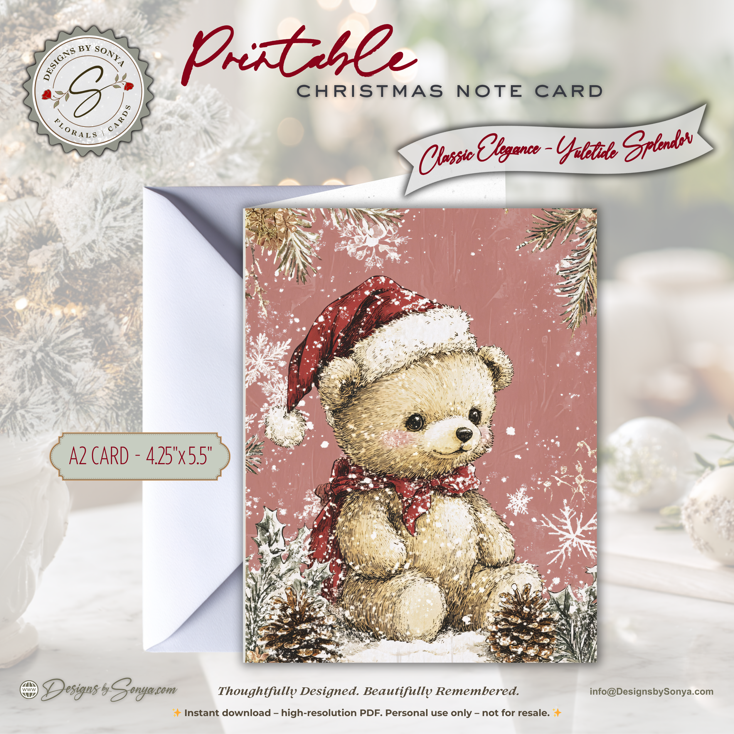Christmas Teddy Bear Printable Card • A2 (4.25" x 5.5") Folded Holiday Greeting Note Card • Winter Woodland Design • Christmas Stationery
