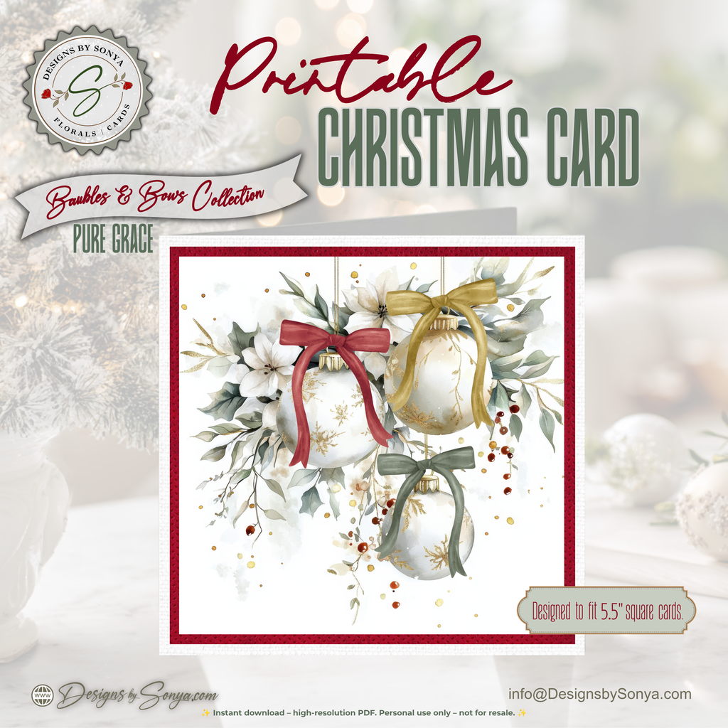Printable Christmas Card | Red Gold & Sage Green Bow Ornaments | Elegant Watercolor Floral Square Holiday Greeting Card
