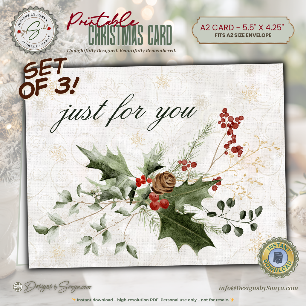 Printable Christmas Card Set of 3 • Watercolor Winter Florals • A2 Folded (5.5" x 4.25") Holiday Greeting Note Cards • Stationery Gift Set