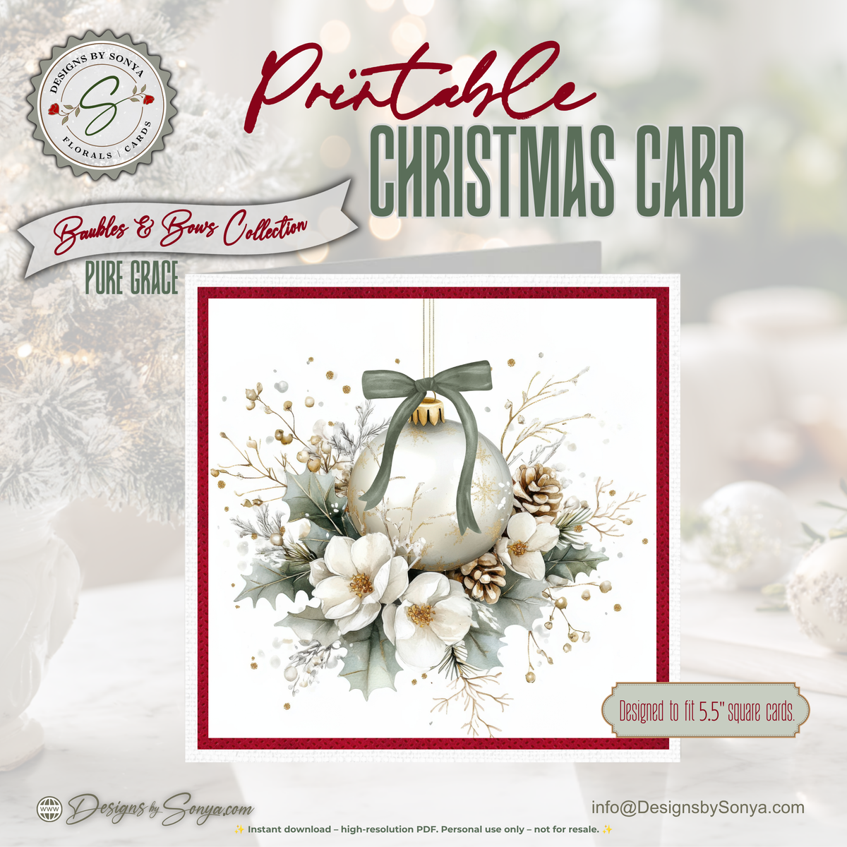 Printable Christmas Card | Sage Bow Ornament with Holly & Pinecones | Elegant Watercolor Holiday Card