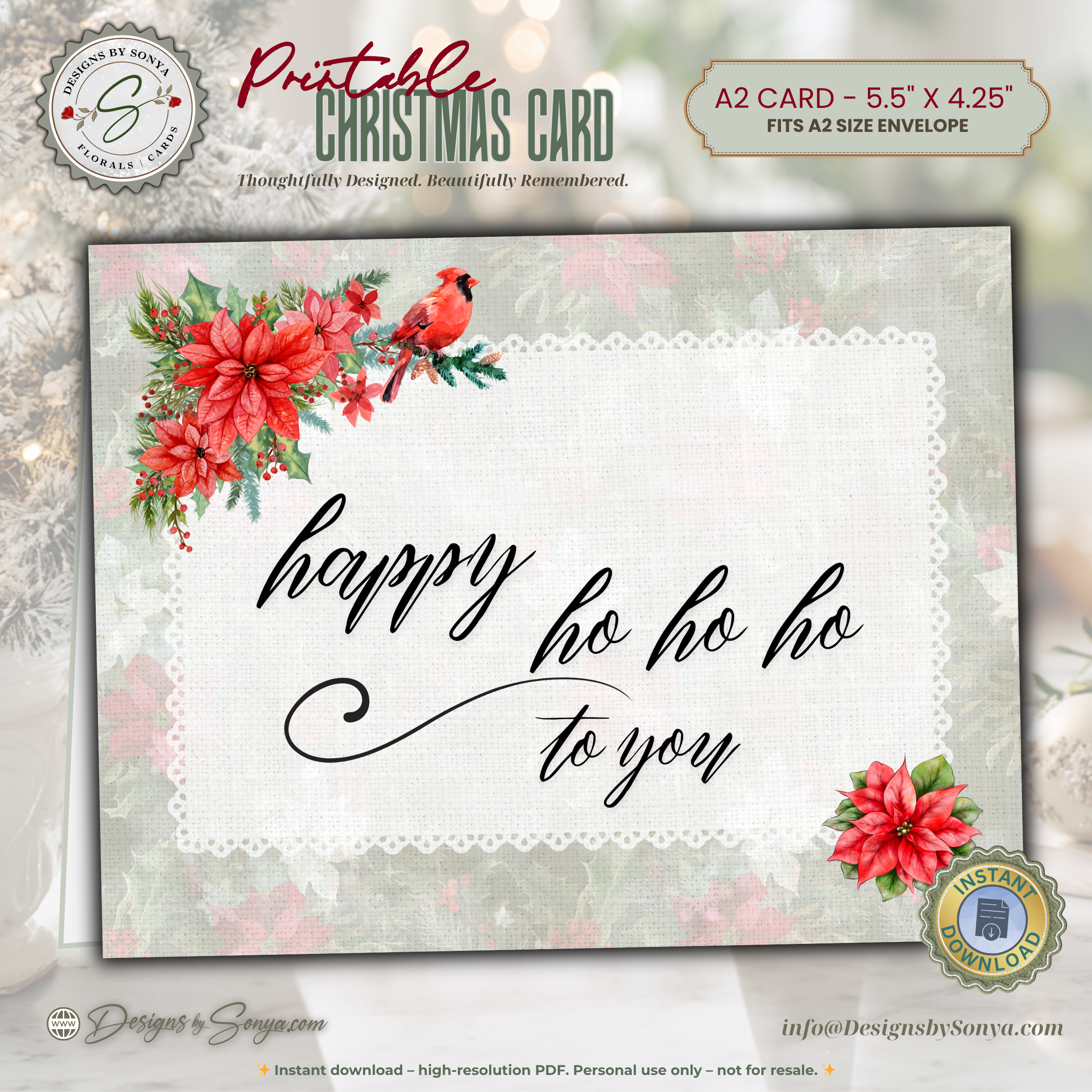 Printable Christmas Card • Watercolor Poinsettias with Cardinal • Happy Ho Ho Ho to You • A2 Holiday Note Card • Winter Floral Holiday Stationery