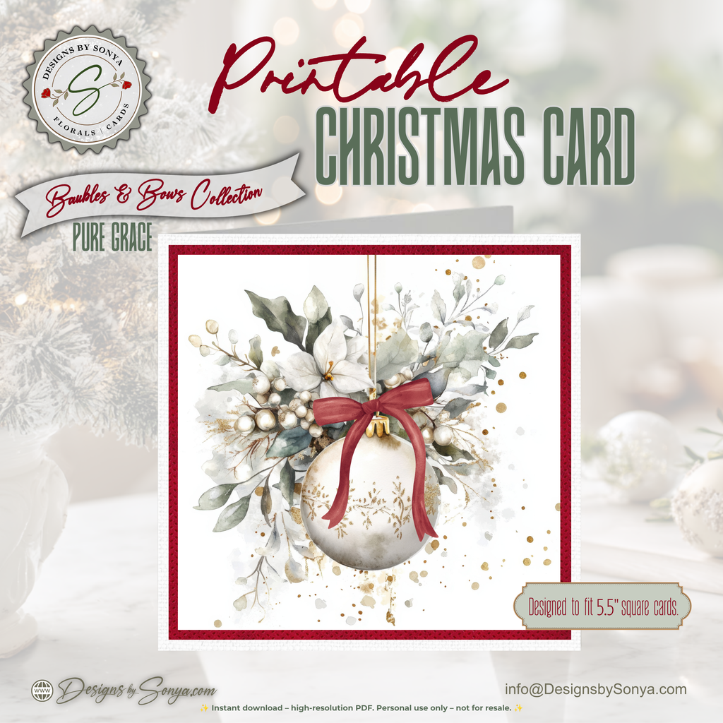 Printable Christmas Card | Red Bow Ornament & White Winter Florals | Elegant Square Holiday Greeting Card
