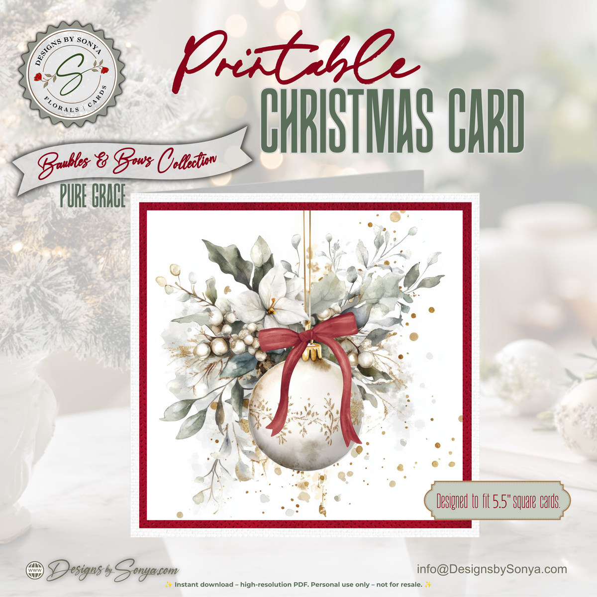 Printable Christmas Card | Red Bow Ornament & White Winter Florals | Elegant Square Holiday Greeting Card