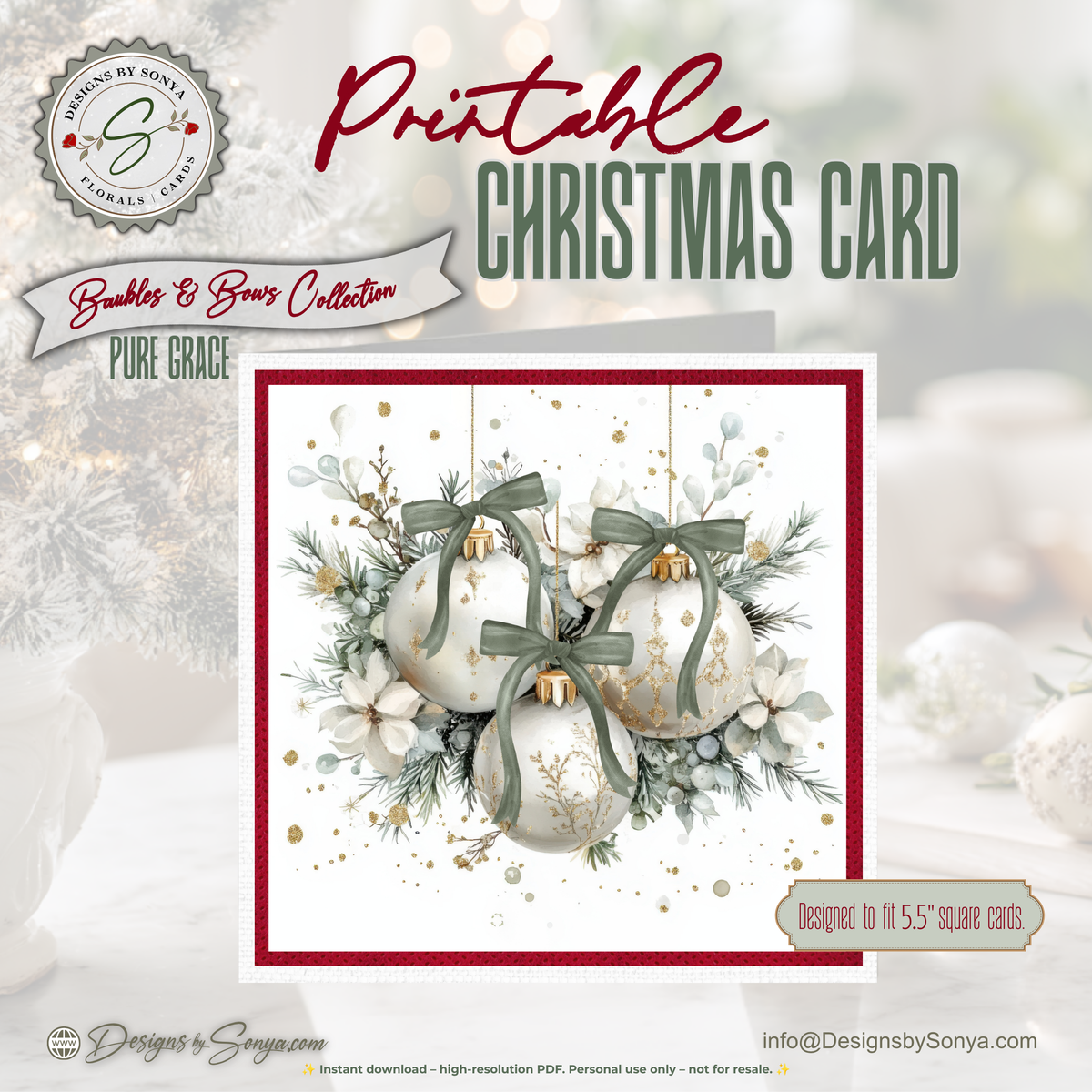 Printable Christmas Card | Sage Green Bows & Ivory Ornaments | White Winter Florals | Elegant Watercolor Square Holiday Greeting Card