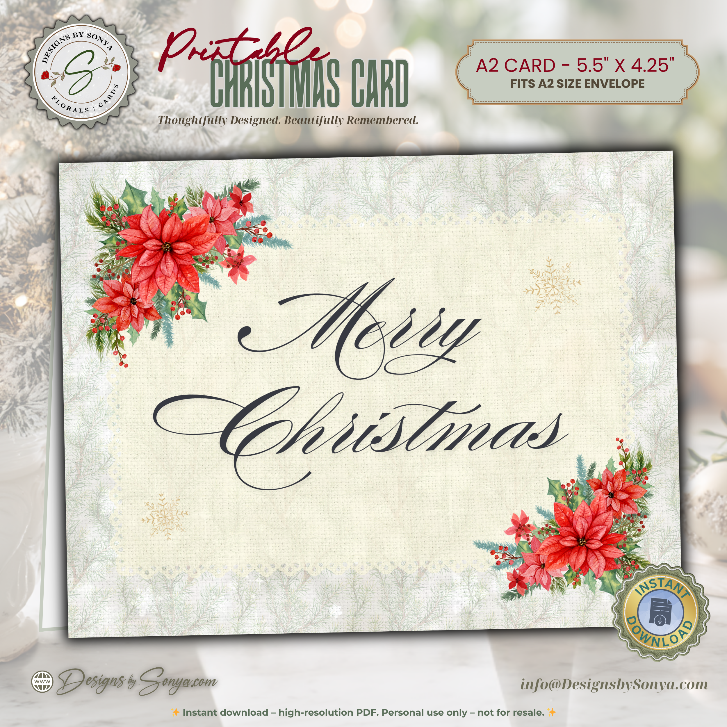 Printable Christmas Card • Watercolor Poinsettias • Merry Christmas A2 Holiday Note Card • Festive Winter Florals • Holiday Stationery Gift