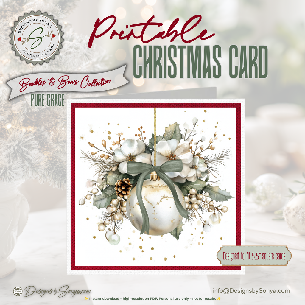 Printable Christmas Card | Sage Green Bow Ornament & White Magnolia Florals | Elegant Watercolor Square Holiday Greeting Card