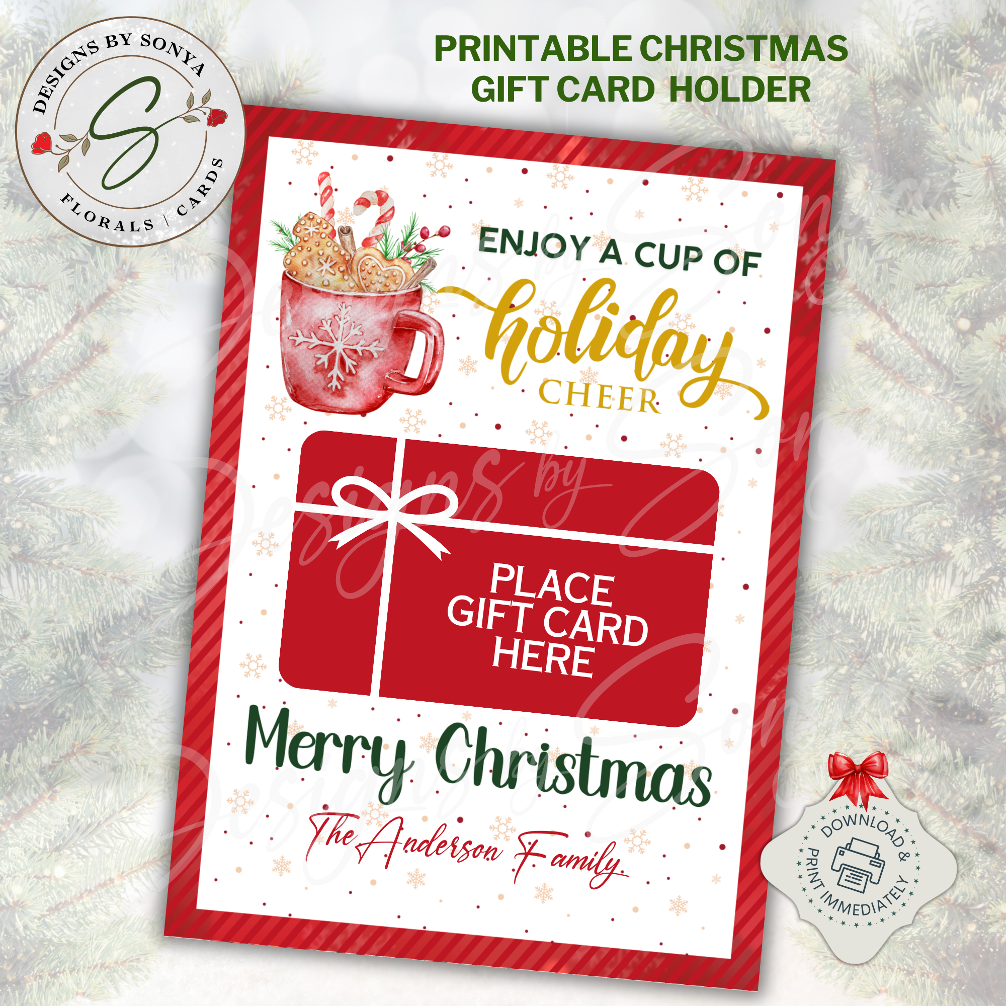 Holiday Cheer Printable Gift Card Holder

Printable Christmas gift card holder with red cocoa mug, candy canes, gold “holiday cheer” script, and red gift-card rectangle. 5x7 design with red diagonal stripe border. Instant digital download for DIY holiday gifting, teachers, coworkers, and family.