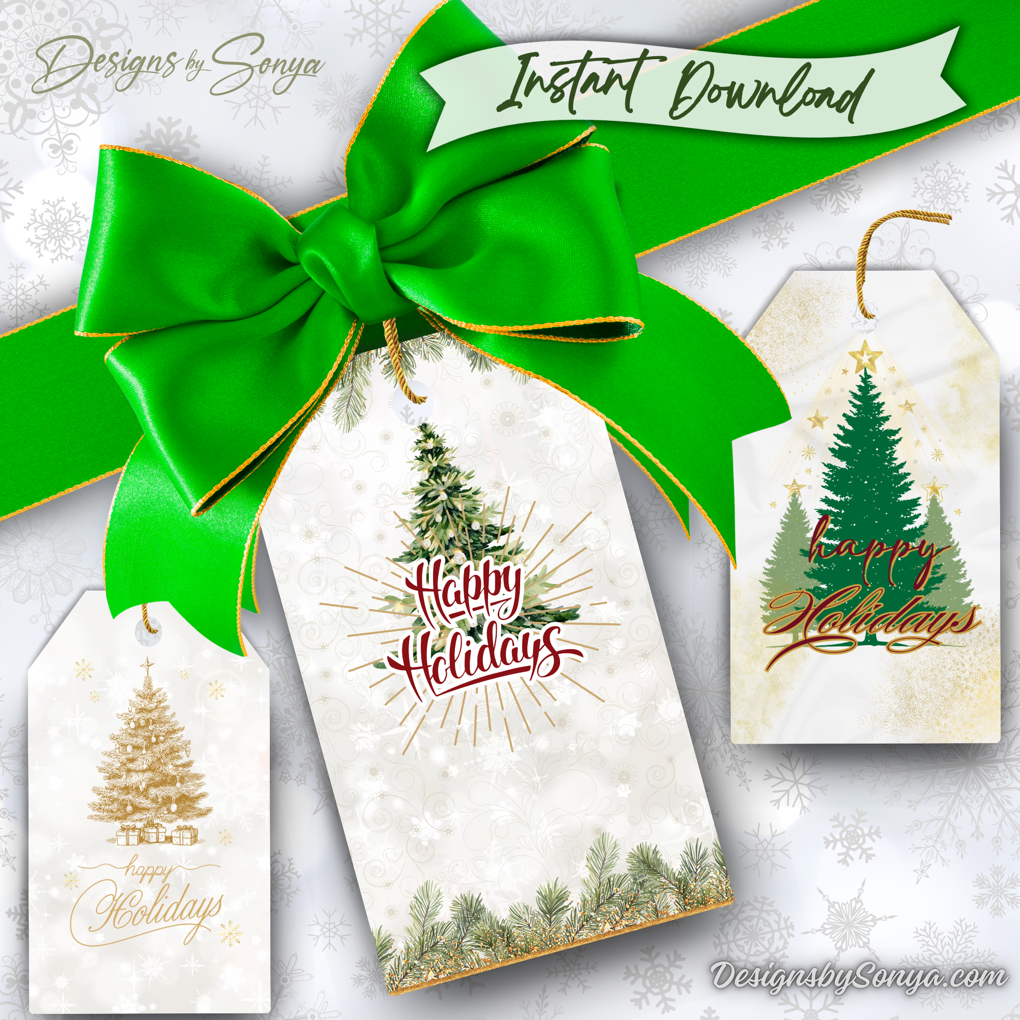 Instant Download Overview
Printable Happy Holidays gift tags featuring 3 festive Christmas tree designs with green bow banner that says “Instant Download.” Perfect for DIY holiday wrapping.