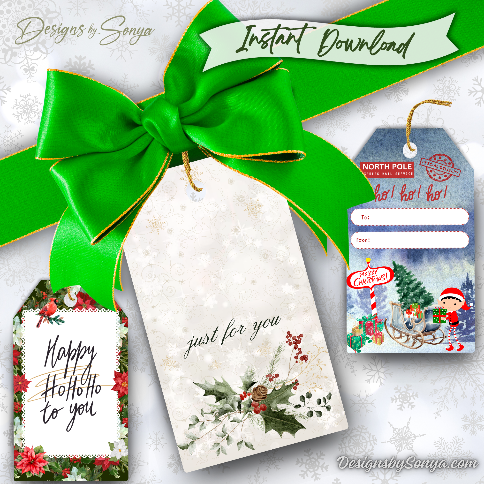 Printable Christmas Gift Tags with Green Ribbon
Festive printable Christmas gift tags featuring poinsettia, holly, and North Pole elf design with a bold green ribbon and bow.