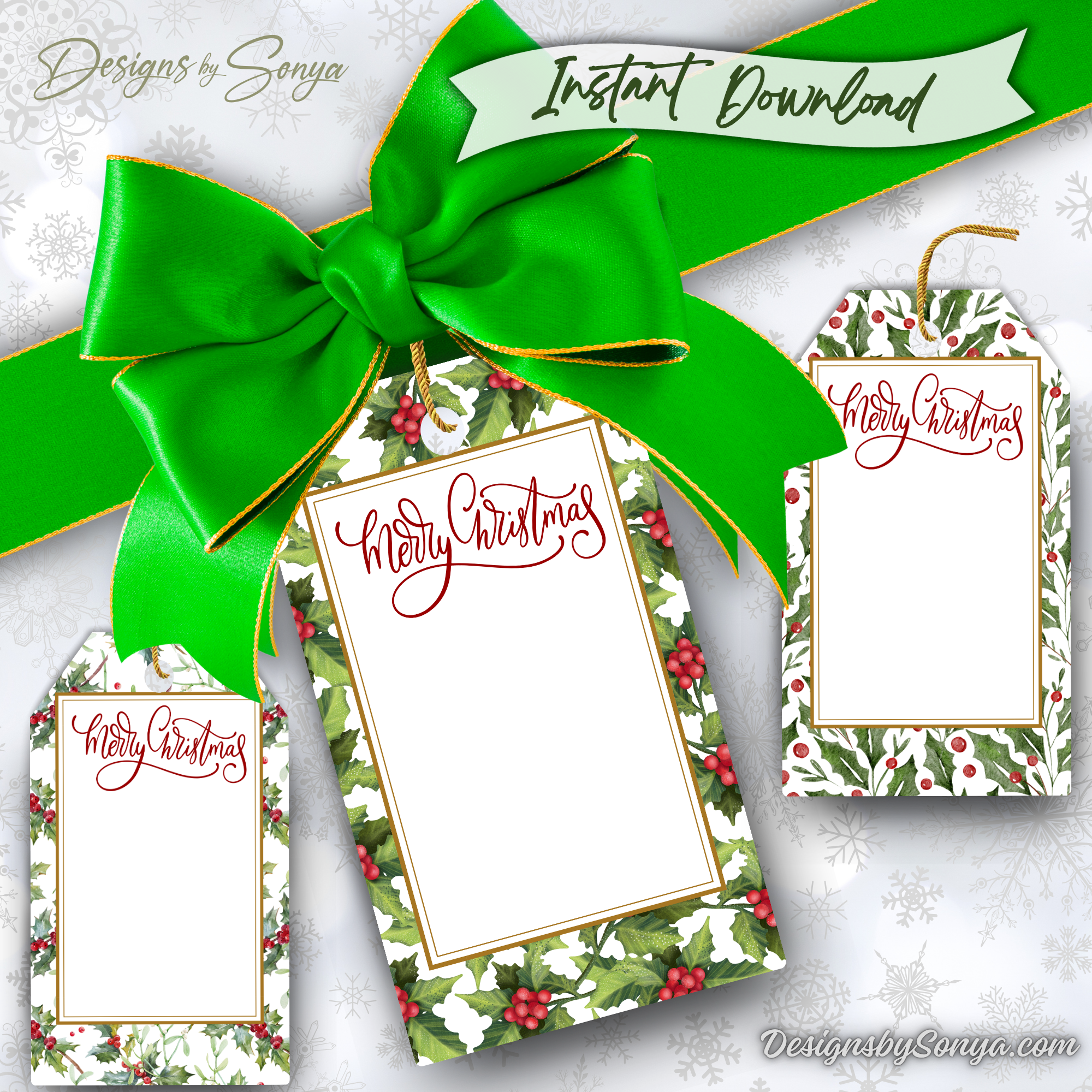 Printable Christmas Gift Tags with Green Bow
Beautiful printable Christmas gift tags with holly and berry border and red "Merry Christmas" script. Instant download holiday tags to print and use.
