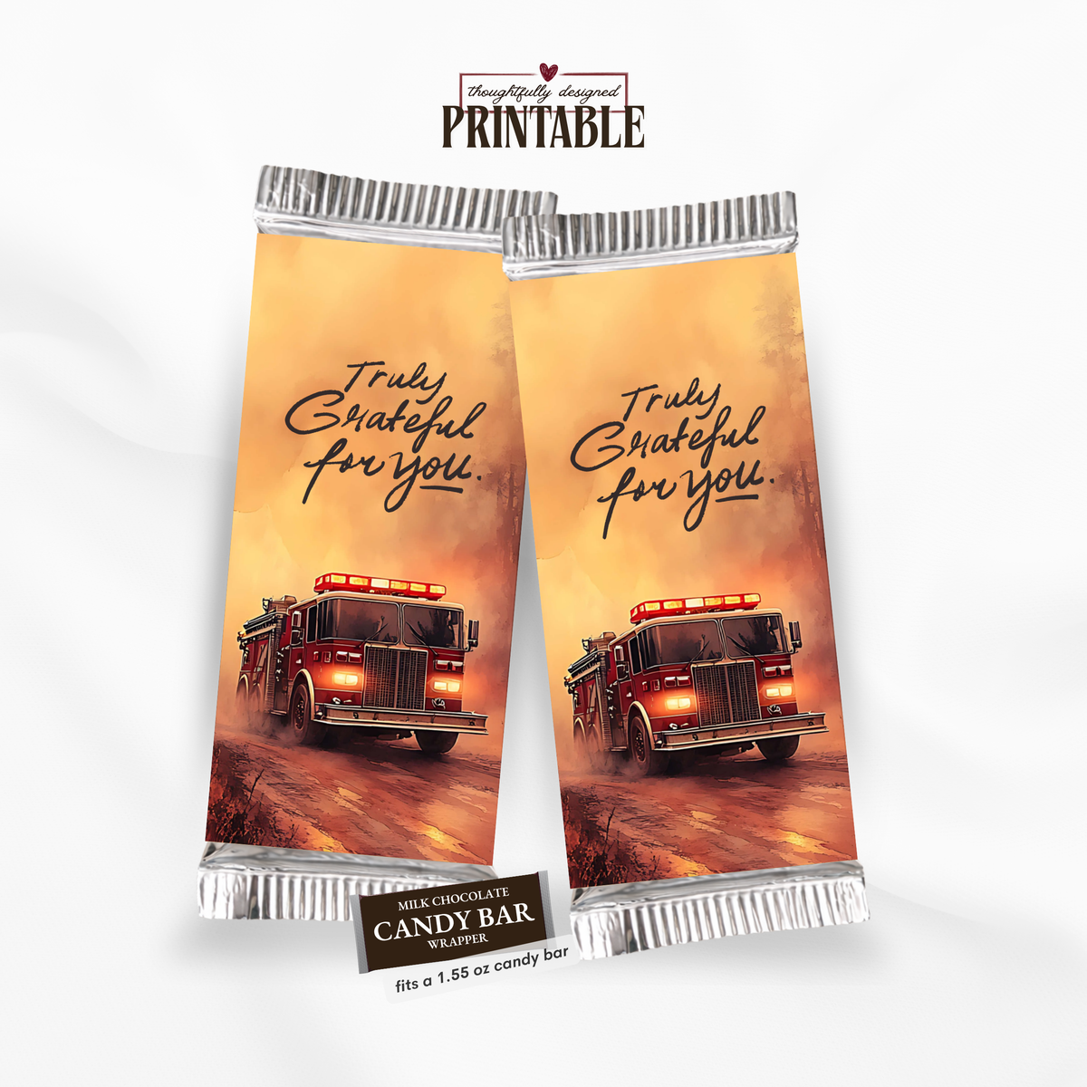 Printable Fire Truck Candy Bar Wrapper | Truly Grateful for You Firefighter Appreciation Gift | 1.55 oz Chocolate Bar
