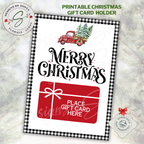 Printable Merry Christmas Gift Card Holder
Rustic printable Christmas gift card holder with buffalo plaid border and vintage red truck carrying a tree. Text reads “Merry Christmas.”