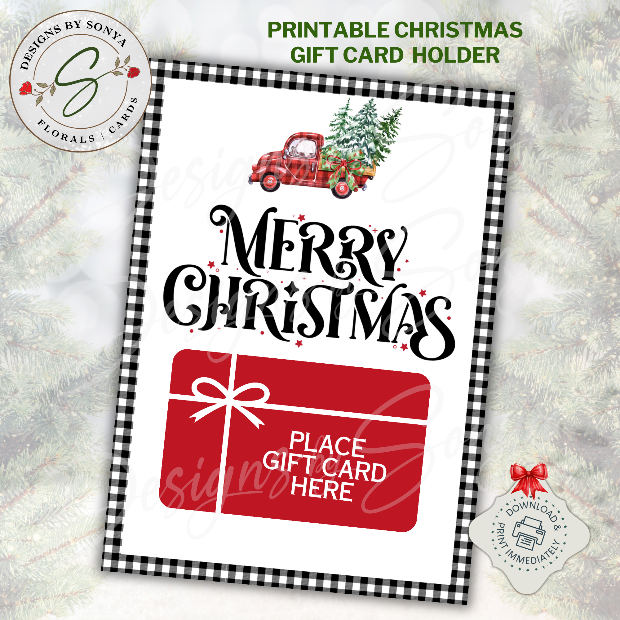 Printable Merry Christmas Gift Card Holder
Rustic printable Christmas gift card holder with buffalo plaid border and vintage red truck carrying a tree. Text reads “Merry Christmas.”