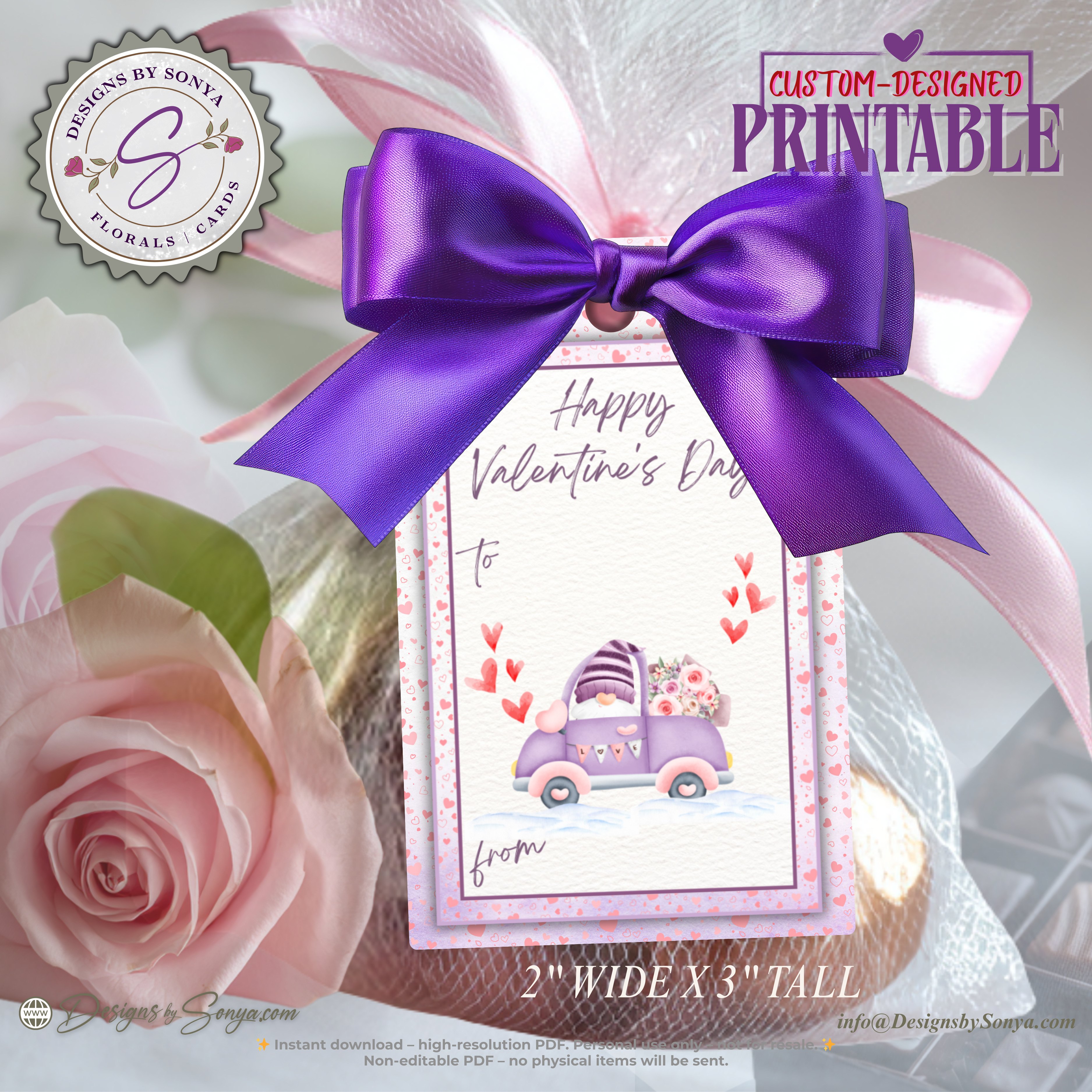 Valentine’s Day Printable Gift Tag – Cute Purple Car & Hearts – 2x3 Treat Bag Tag for Classroom Gifts, Teachers, Kids, Neighbors, DIY Valentine