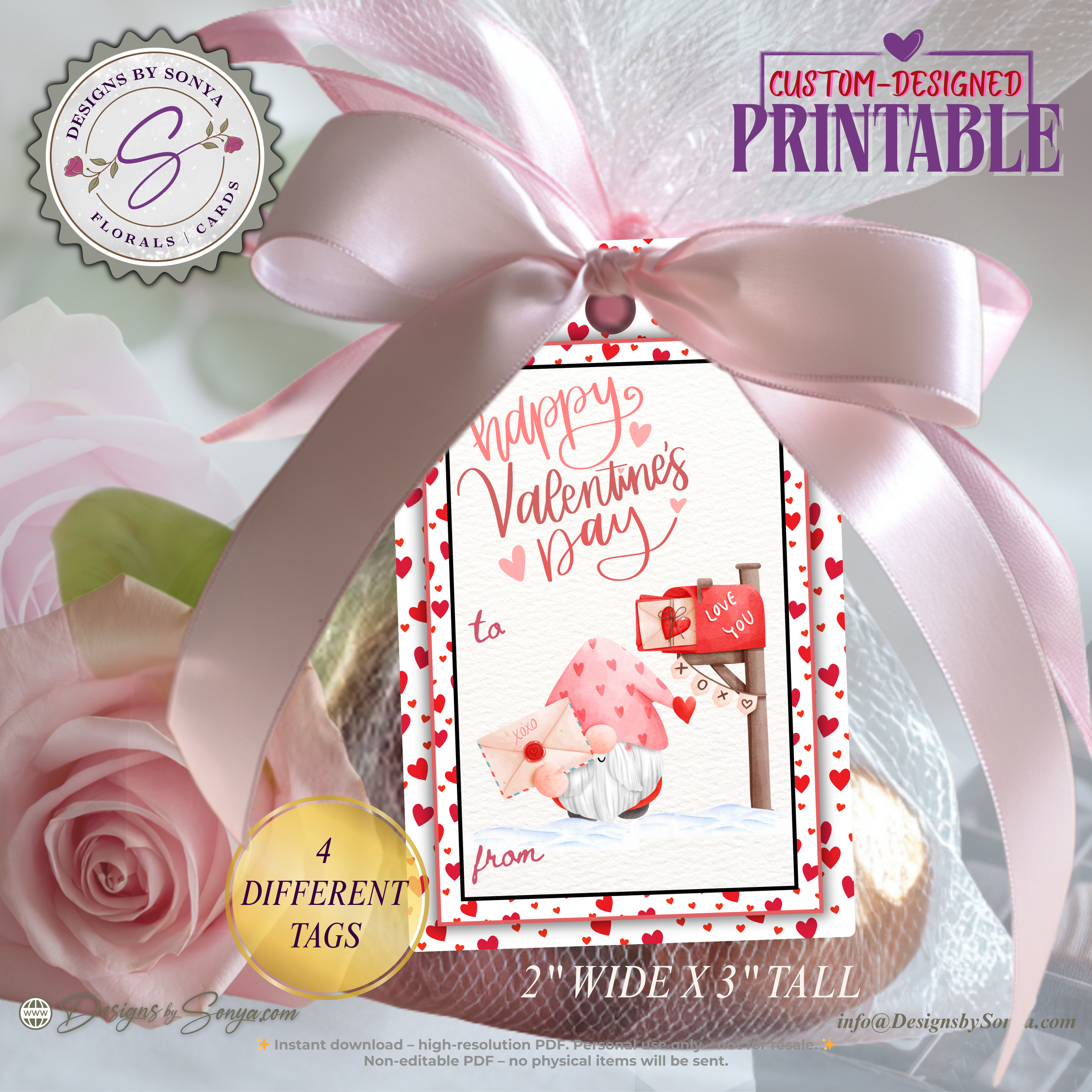 2×3 Valentine Printable Gift Tags – 4 Gnome Designs – Cute Holiday Treat Bag Tags for Classroom Parties, Teachers, Kids – DIY PDF Download