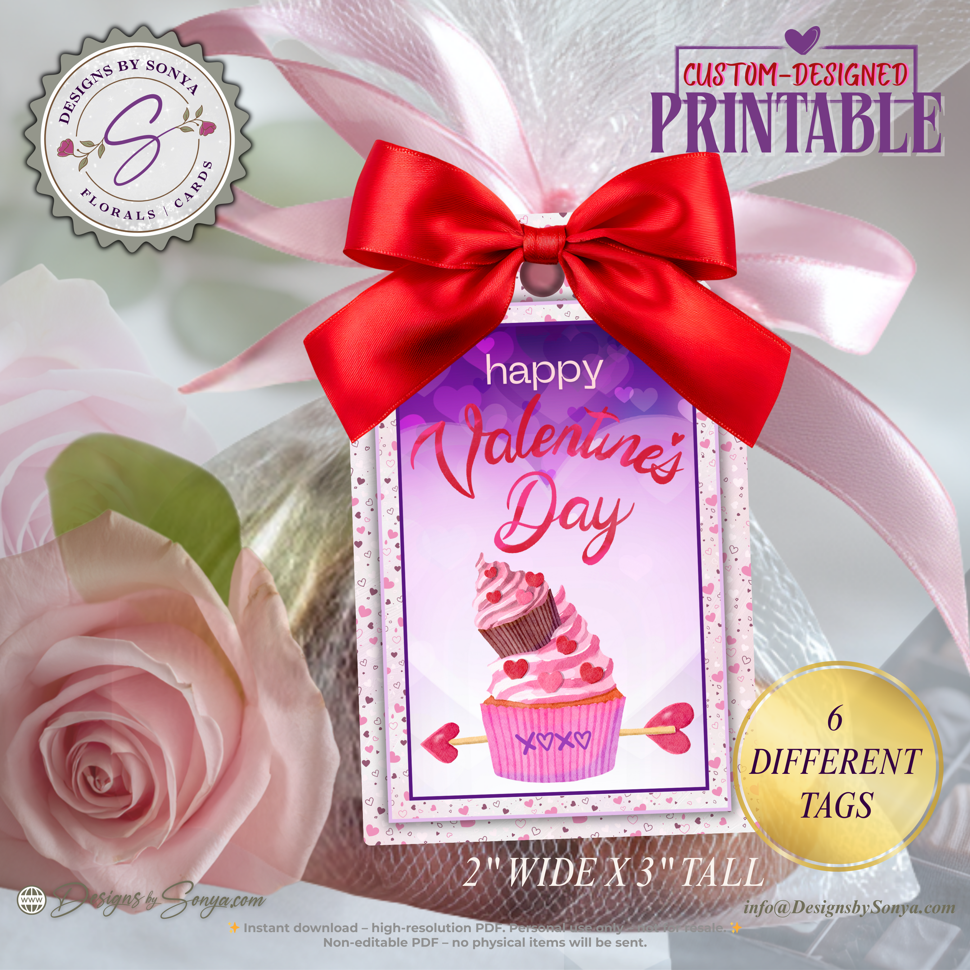 Valentine Printable Tags – Cupcake Designs – 6 Different 2x3 Treat Bag Tags for Classroom Valentines, Teachers, Party Favors, DIY Gifts