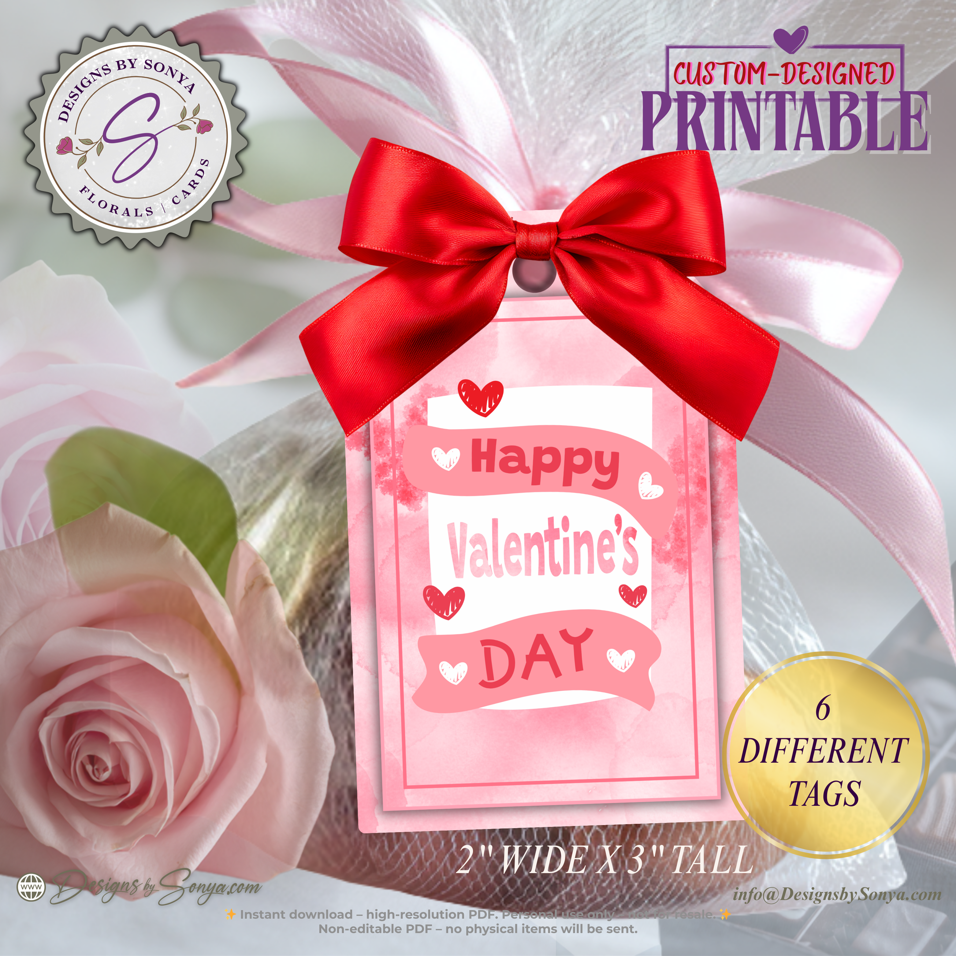 Valentine Printable Tags – 6 Designs – 2x3 Treat Bag Tags for Kids, Classroom Favors, Teachers, School Parties, DIY Valentines, XOXO Hearts