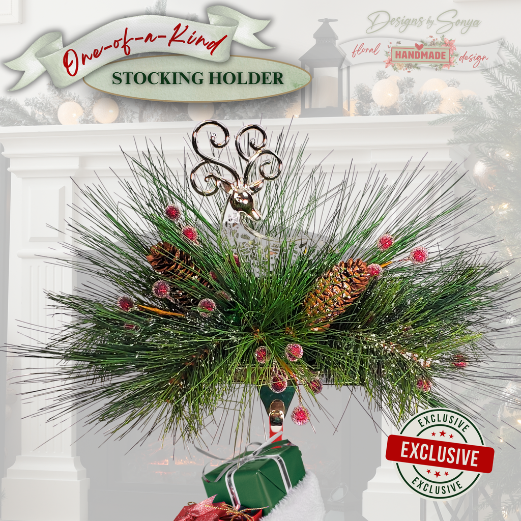 Reindeer Stocking Holder Hero Image
Handmade reindeer Christmas stocking holder with frosted greenery, pinecones, and berry accents. Features metallic reindeer centerpiece, built on strong hook base.