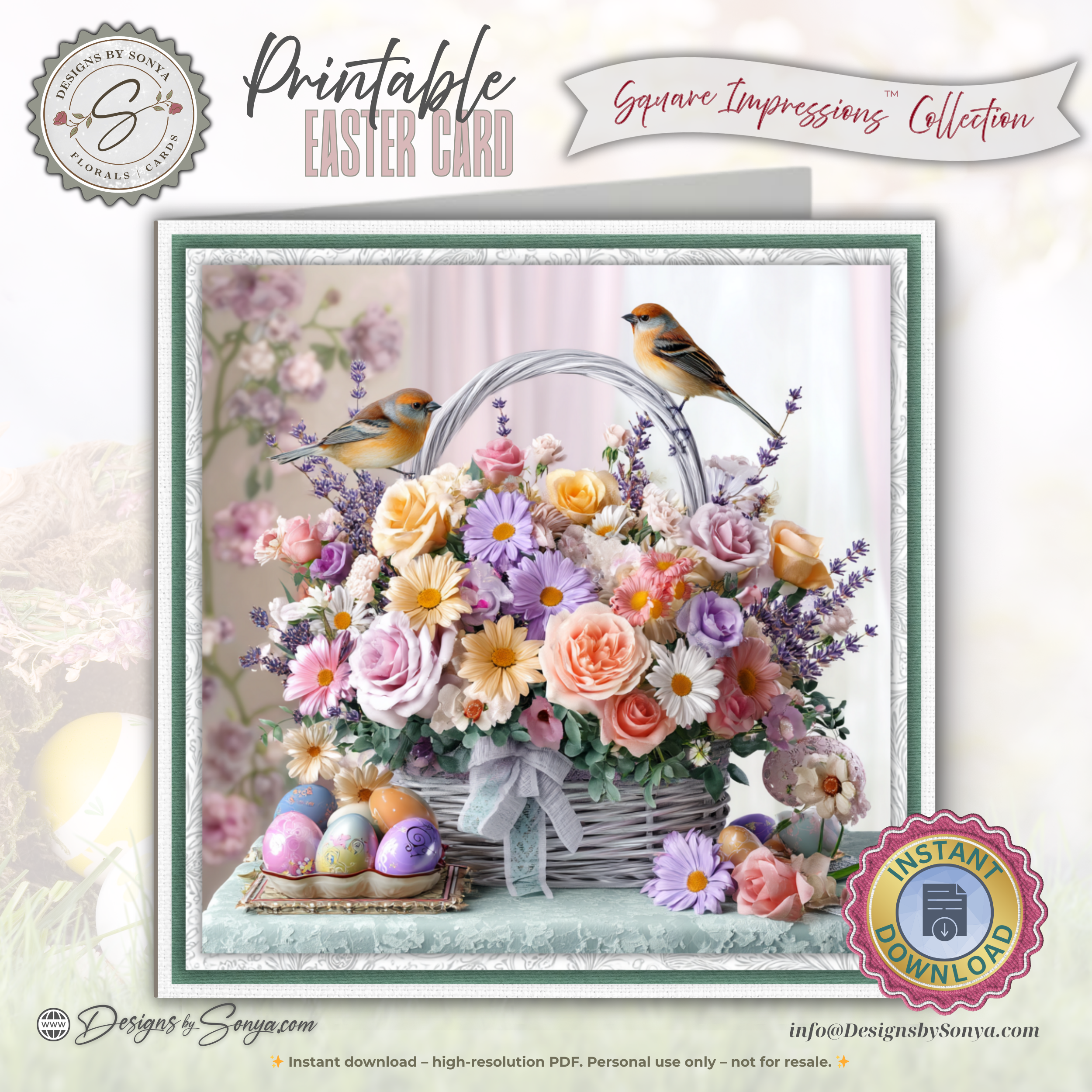 Easter Floral Basket Printable Card – 5.5” Square Watercolor Spring Greeting Note Card with Pastel Blooms, Birds & Decorated Eggs