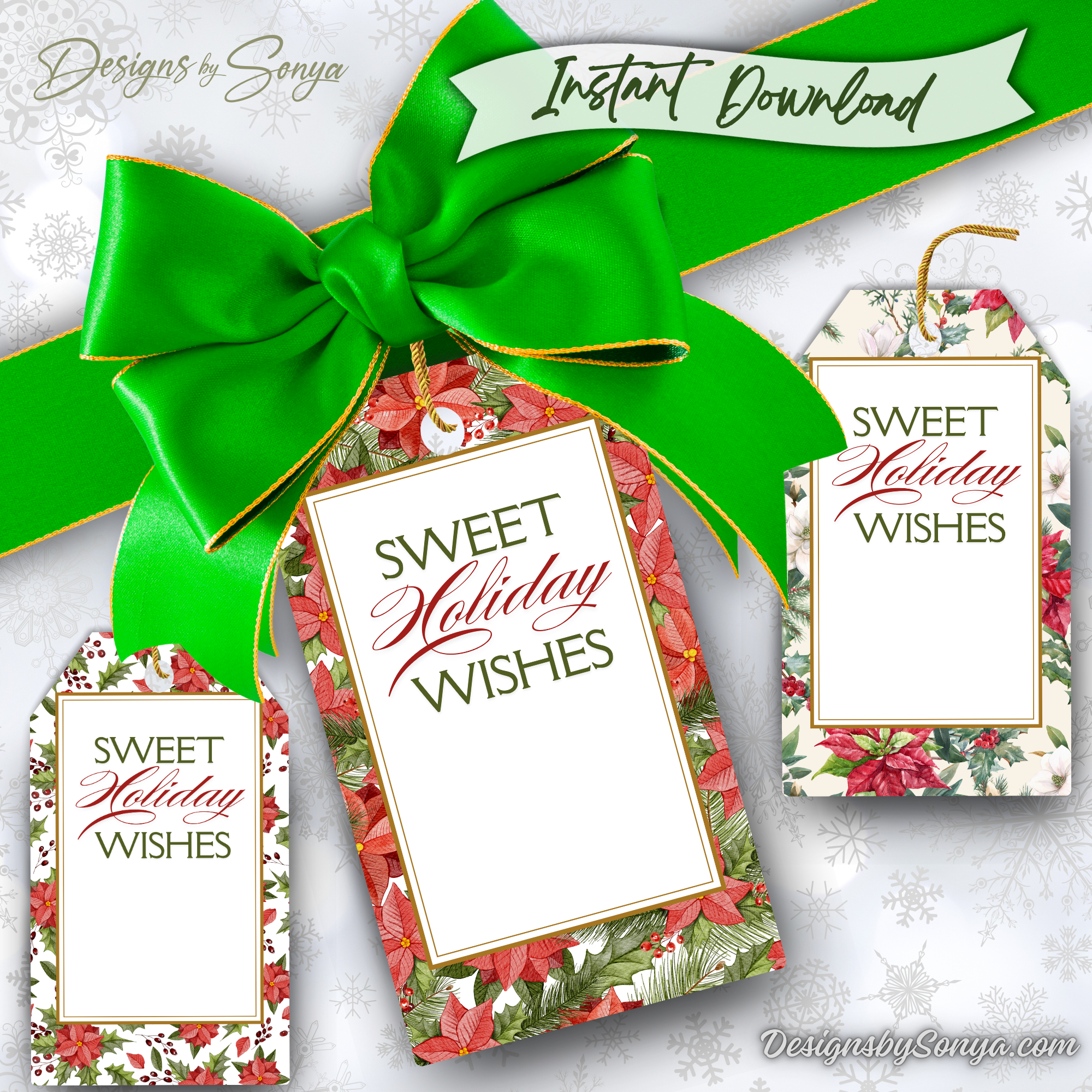 Sweet Holiday Wishes Gift Tags Instant Download
Festive printable gift tags with poinsettia designs reading “Sweet Holiday Wishes.” Includes instant download for easy print-at-home use.