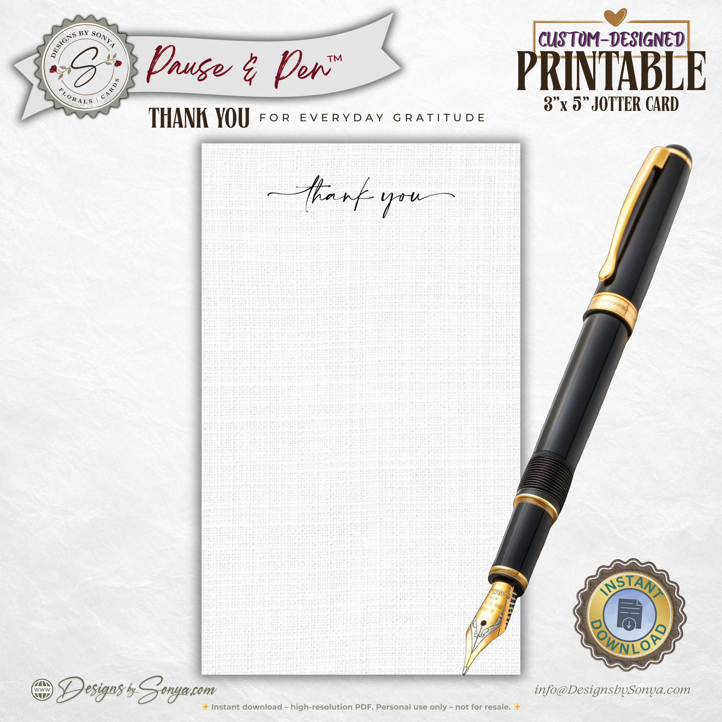 Thank You Jotter Card Printable – 3x5 Minimal Gratitude Note Card – Pause & Pen™ Everyday Thank You Card for Gift Bags & Baskets