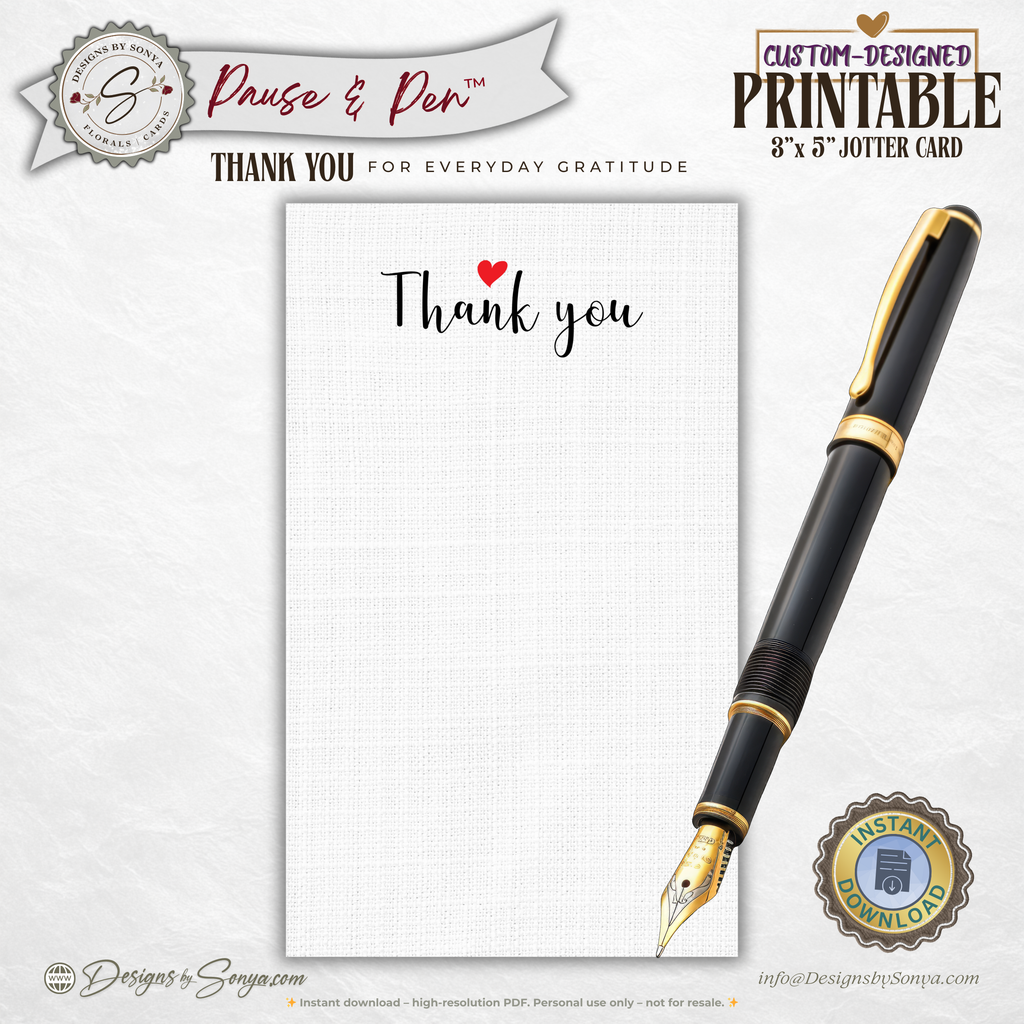 Thank You Jotter Card Printable – 3x5 Minimal Thank You Note with Red Heart – Pause & Pen™ Everyday Gratitude Card for Gifts